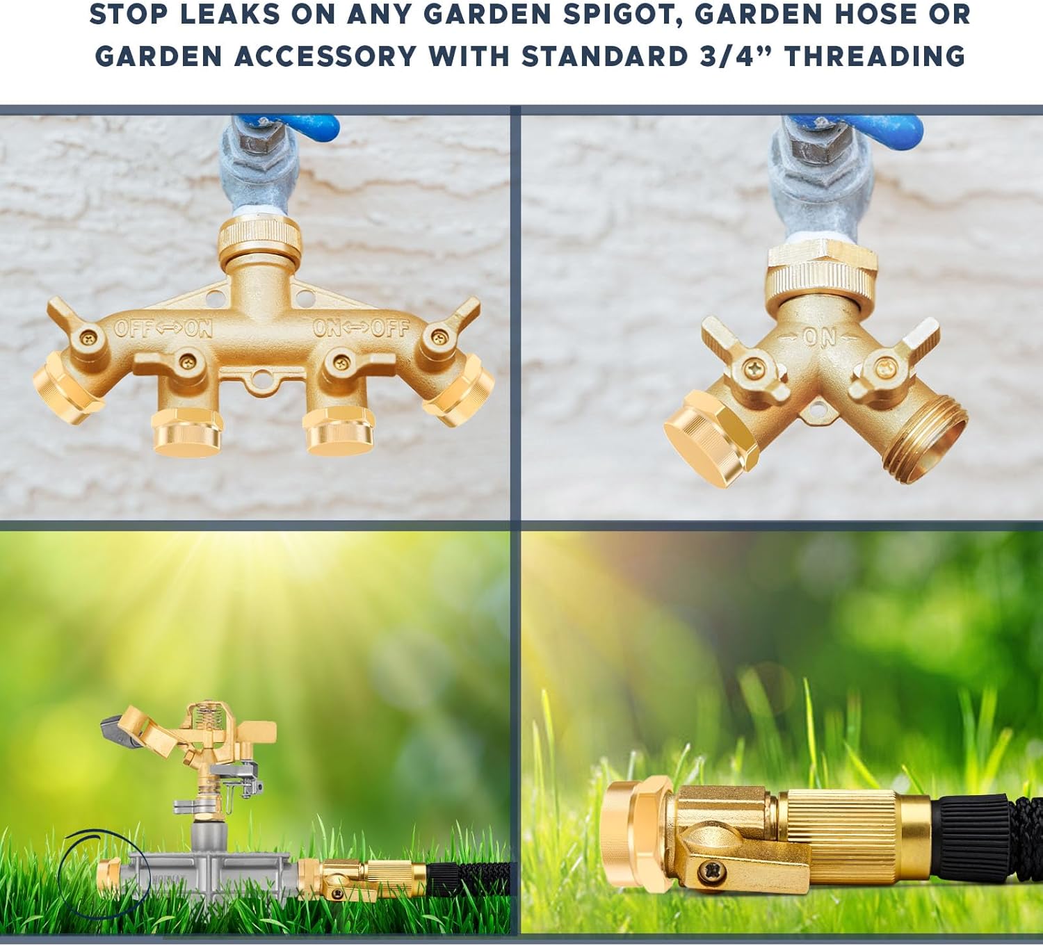 Morvat 4 Pack Brass Garden Hose Kink Protector, Standard 3/4'' Threading, Includes 8 Rubber Washers and Tape PLUS 4 Pack Outdoor Faucet Hose Cap, 3/4" Threading, Includes 8 Extra Rubber Washers