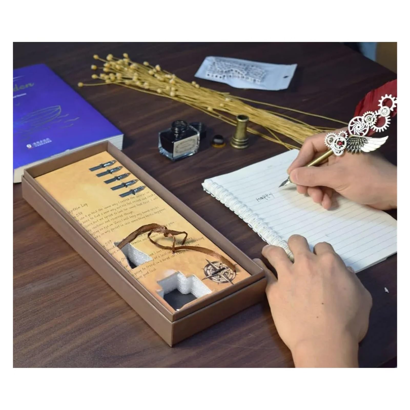 Penne Calligrafiche Antica penna a immersione in piume con ali meccaniche immerse nell'acqua - Set regalo creativo for le vacanze di compleanno for regali aziendali(Wine red)