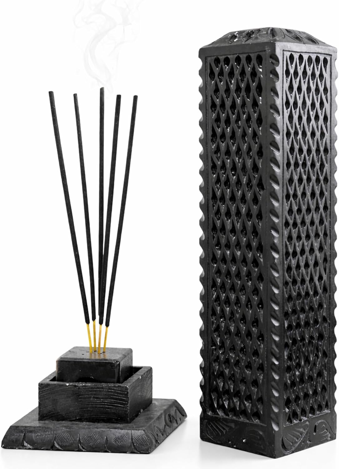 Handmade Marble Black Soapstone Incense Stick Burner | Candle Stick Holder | Tea Light Burner - Perfect Jaali Carving for Gifting. Decorative Home and Kitchen Decor (3 x 3 x 11 Inches).