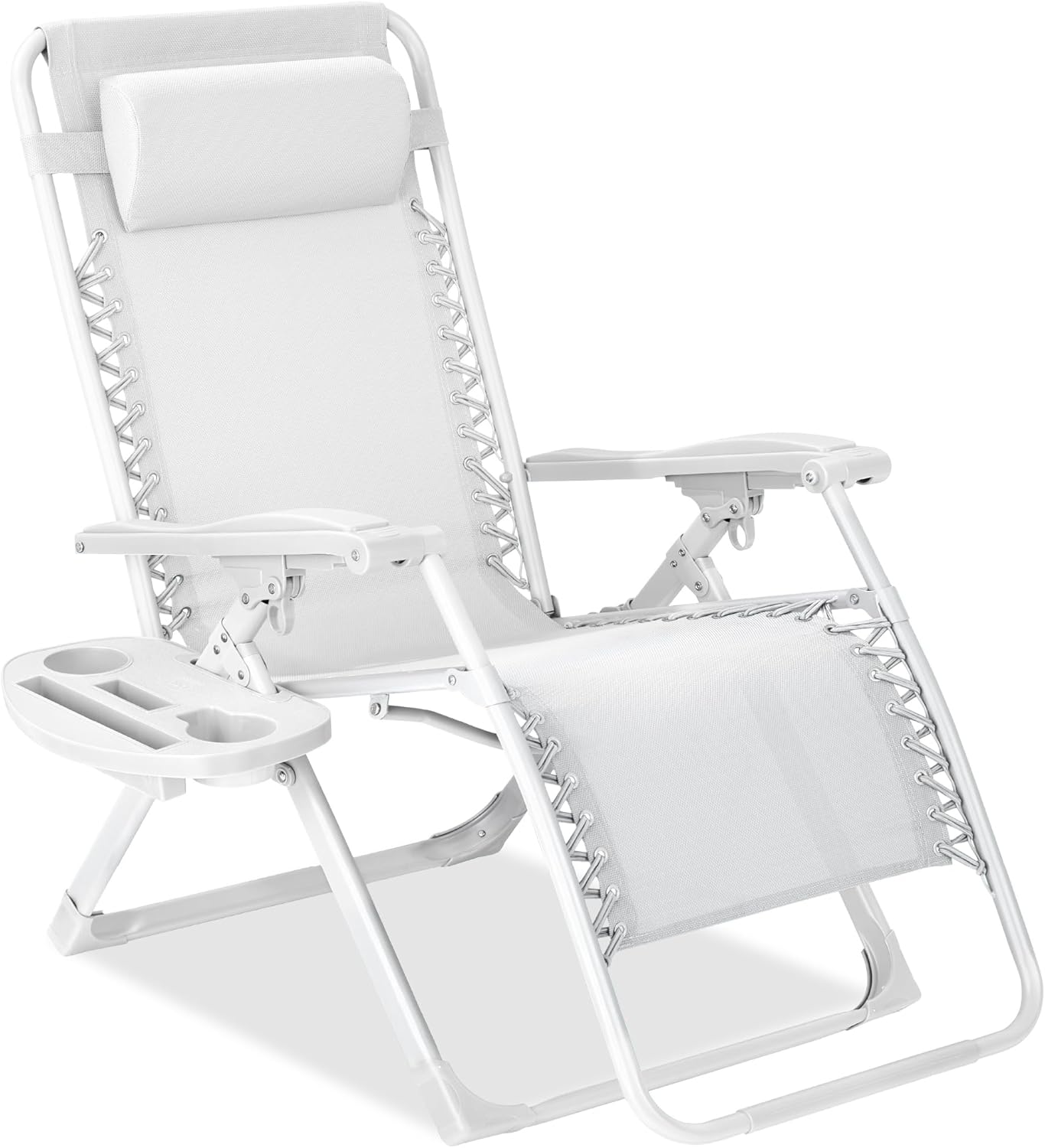 Best Choice Products Adjustable Zero Gravity Chair, Monochromatic Color Folding Patio Recliner w/Side Tray, Headrest - Snow