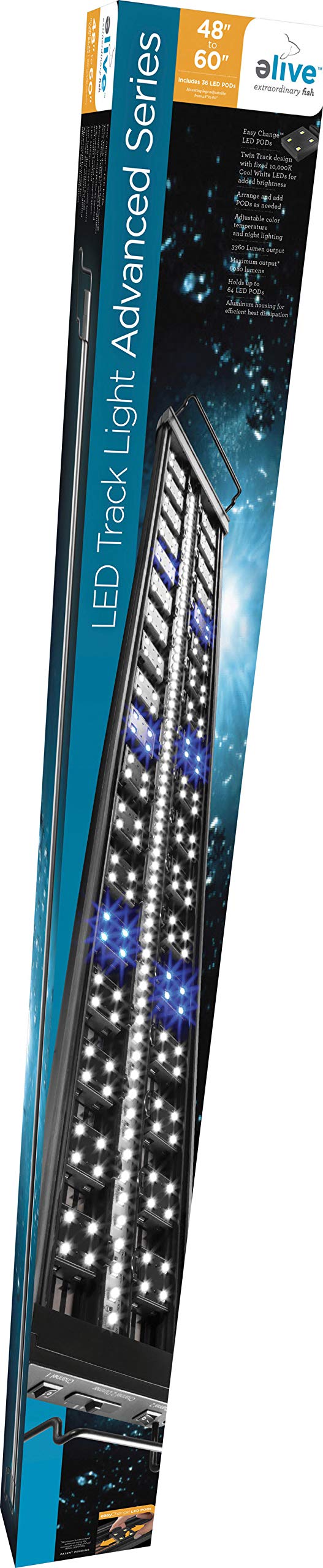 Elive Advanced Track Light LED Aquarium Fish Tank Hood, Adjustable from 48-60 Inch, Includes 48 Fixed White LEDs + 30 White + 6 Blue Pods, Holds Up to 64 LED Pods