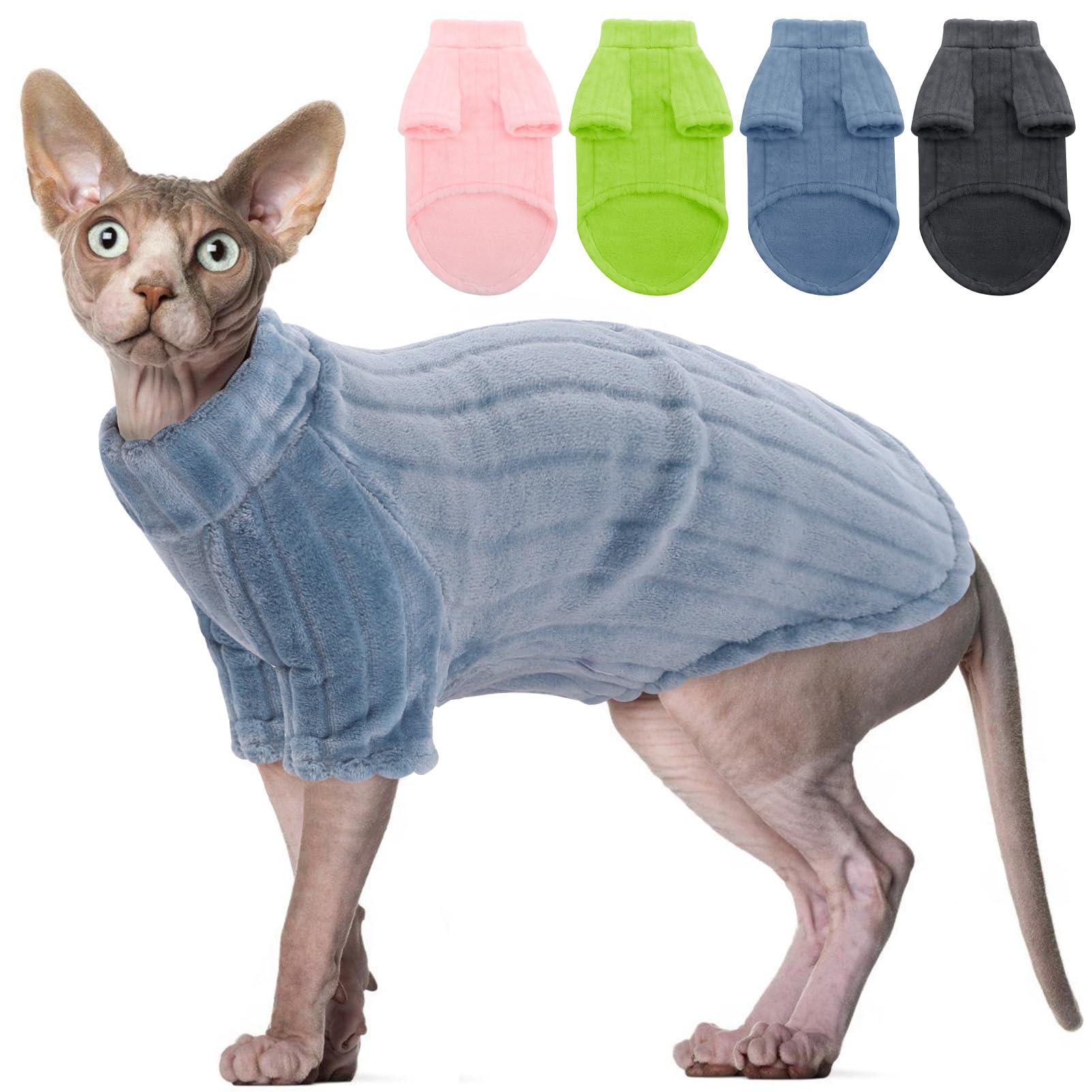 SUNFURASweaters for Cats, Hairless Sphynx Cat Sweater Kitten Pullover with Sleeves, Warm and Soft Cat Pajamas Fleece Cat Sweatshirt Jumpsuit, Turtleneck Cat Clothes for Fall Winter, Blue L