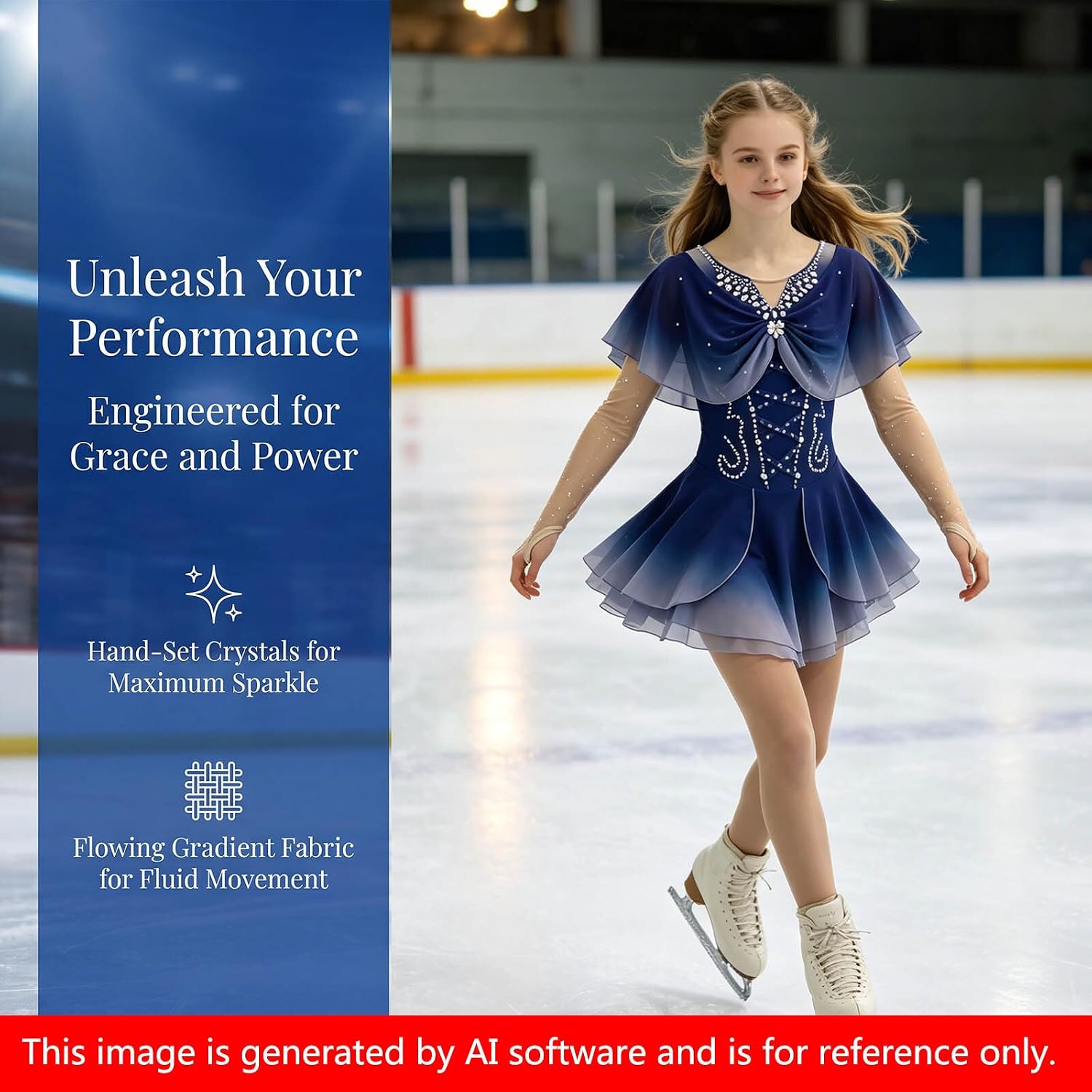 LIUHUO Ice Figure Skating Blue Gradient Dress Women's Girls Competition | Long Sleeve,Comfort,Ventilate,Elastic,Support Customization,Shining Diamond,Blouselet Shawl