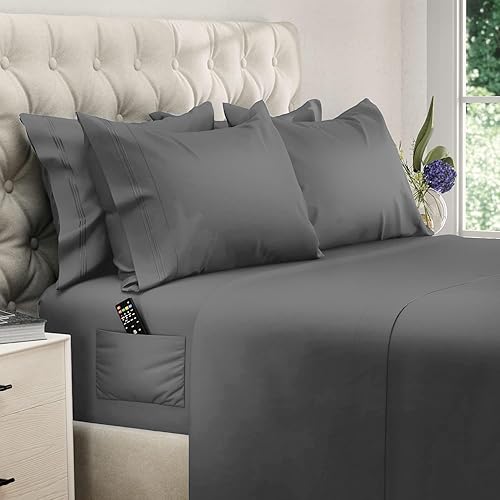 DREAMCARE King Size Sheets Set â 6 pcs Cooling Bed Sheets â up to 15â Deep Pocket King Sheet Set â 2500 Supreme Collection â Extra Soft 100% Brushed Microfiber Hotel Luxury with Side Pocket â D Gray - 05 - Dark Gray - King