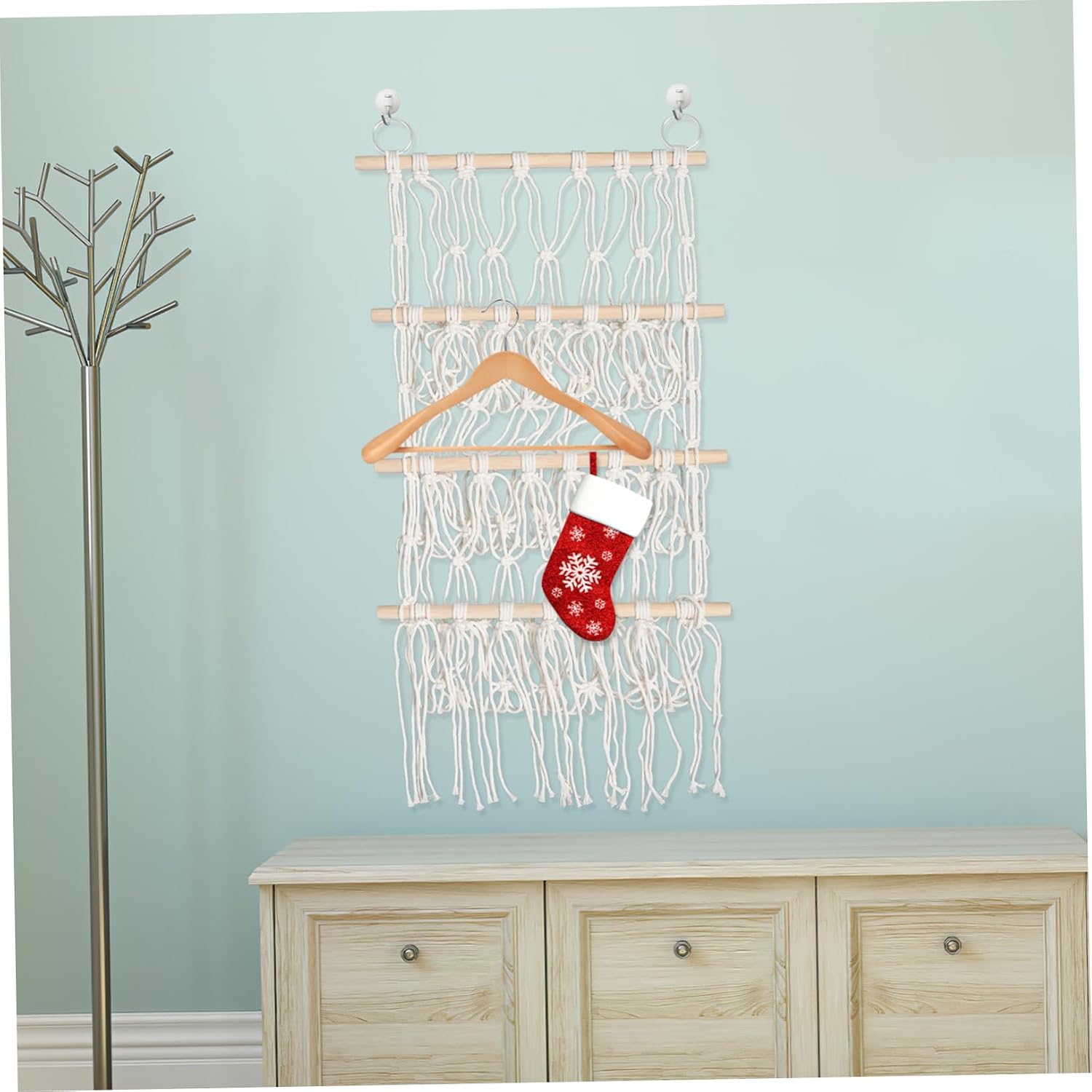 Modern Bookshelf Decor Wall Hanging Storage for Stuffed Animals Woven Net Bag Macrame Rope Organizer Nursery Decor
