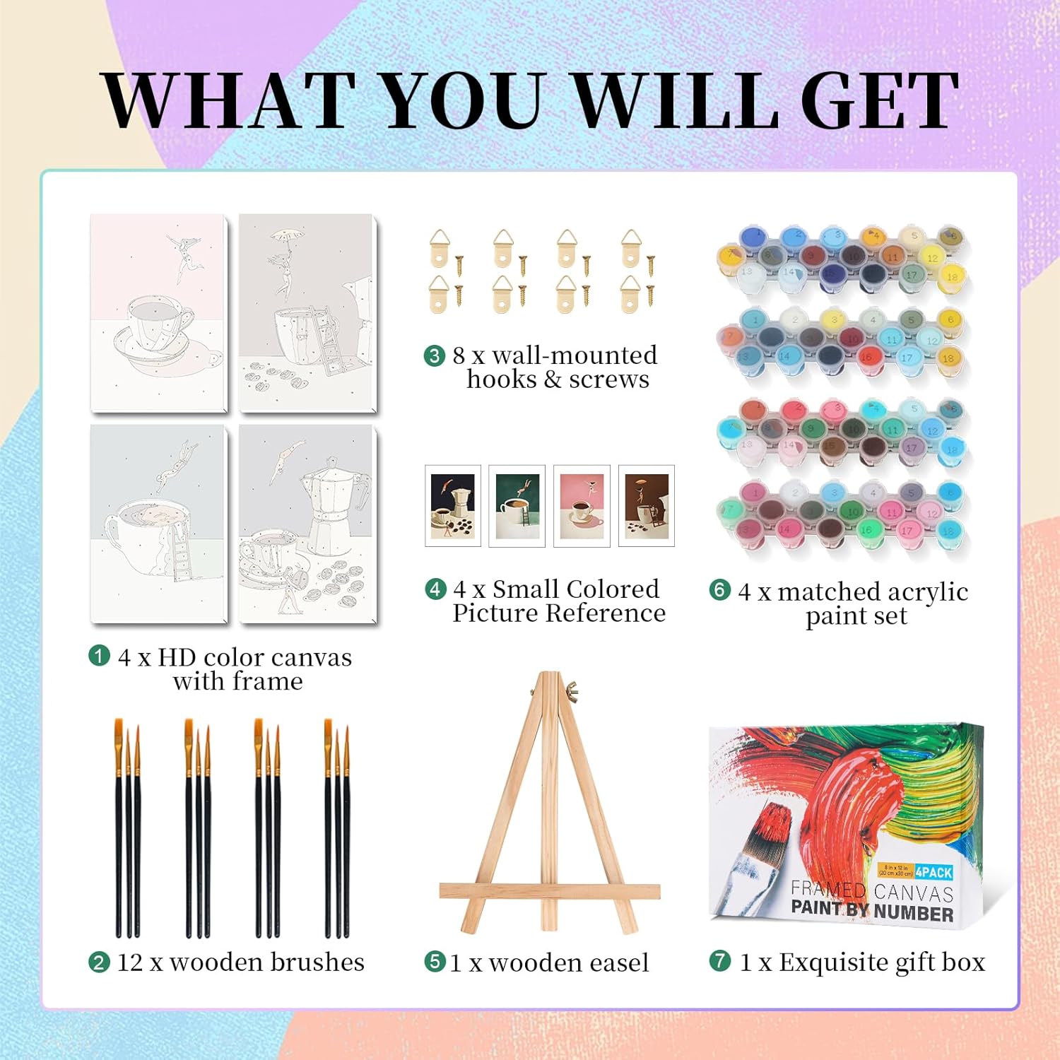 Camocin 4 Pack Framed Paint by Numbers Kit for Adults with Wooden Easel, Coffee Paint by Numbers with Frame for Beginner, Coffee Adult Paints by Number Kits on Canvas Framed 8 x 12 Inch