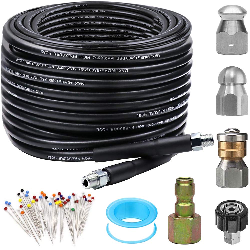 ZOFINE Sewer Jetter Kit for Pressure Washer 50FT, Newest 5800PSI Drain Cleaner Hose 1/4 Inch NPT Corner, Rotating and Button Nose Sewer Jetting Nozzle Pearl Corsage Pin Waterproof Tape