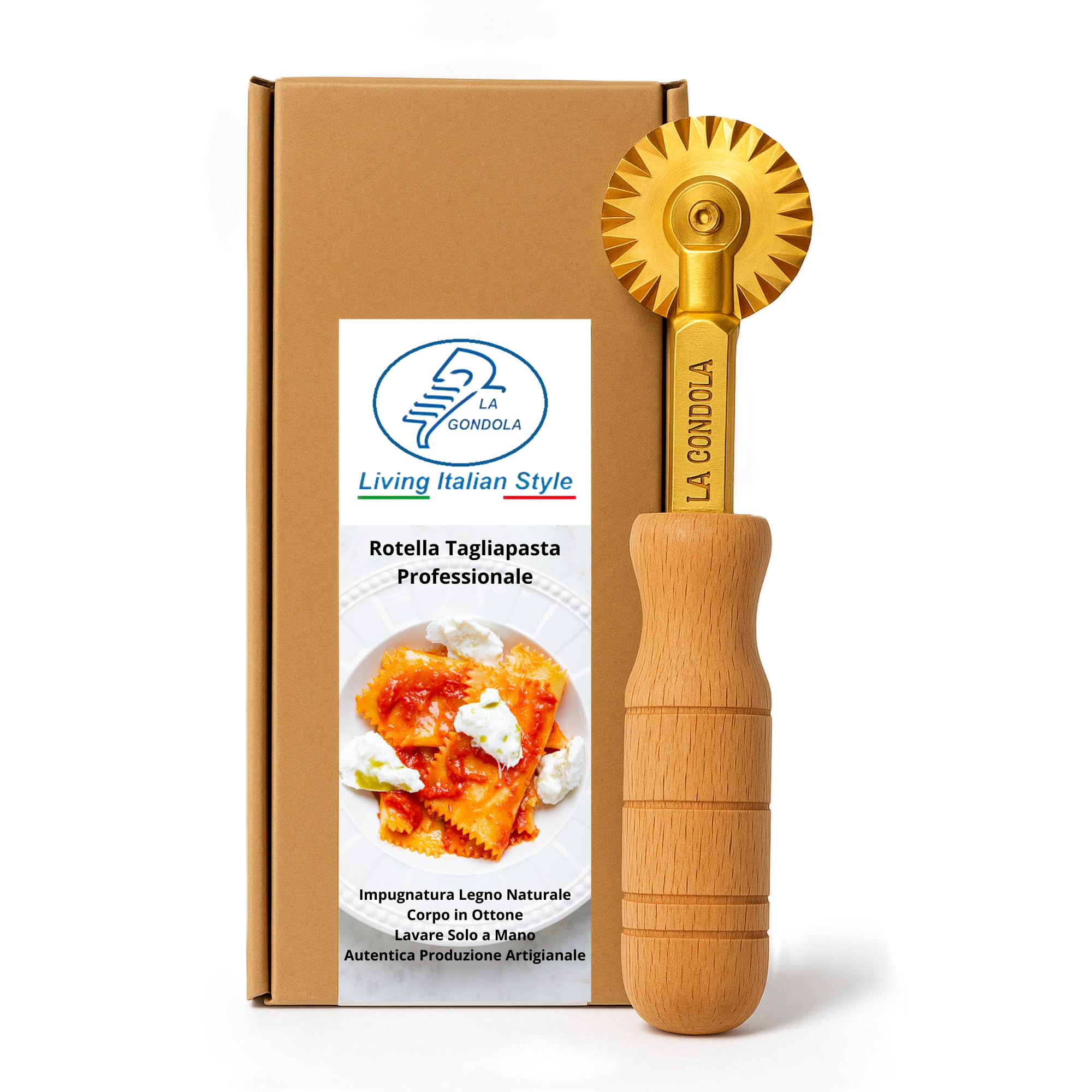 LA GONDOLA Rotella singola tagliapasta festonata (a stella) ottone ed impugnatura legno, prodotto artigianale Made in Italy