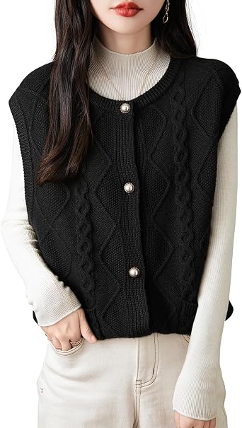 Chanyarn Womens 100% Merino Wool Sweater Vest 2025 Fall Winter Crew Neck Button Down Sleeveless Cable Knit Sweater Vest