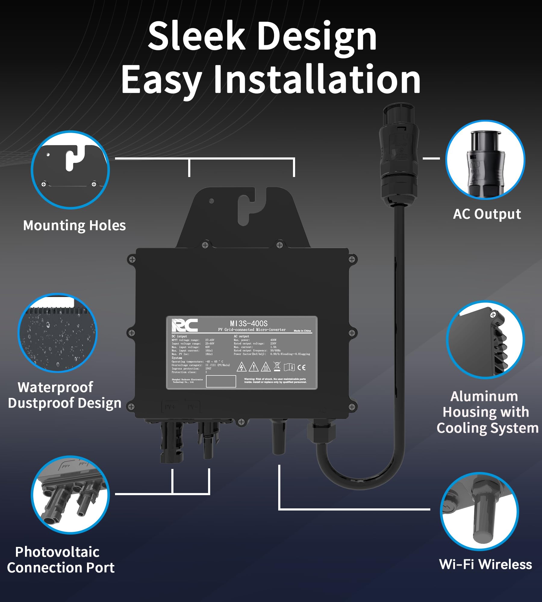 RC Micro inverter 400 W, ingresso CC 25-60 V, inverter modulo PV, micro convertitore MPPT, Controllo dell’app tramite Wi-Fi