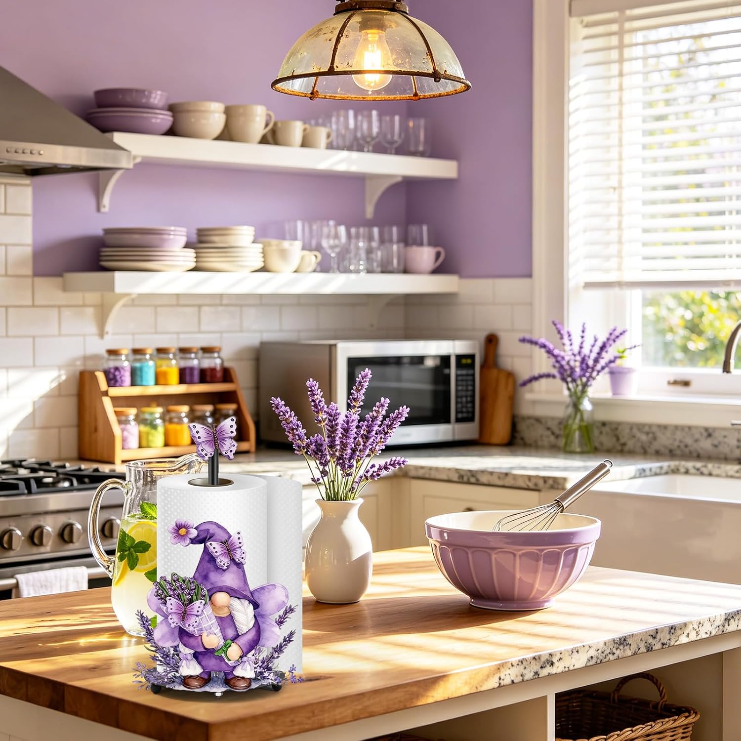 Whaline Lavender Gnome Paper Towel Holder Purple Floral Butterfly Large Metal Towel Holder Stand for Spring Home Party Kitchen Bathroom Countertop Decor Accessories image 5