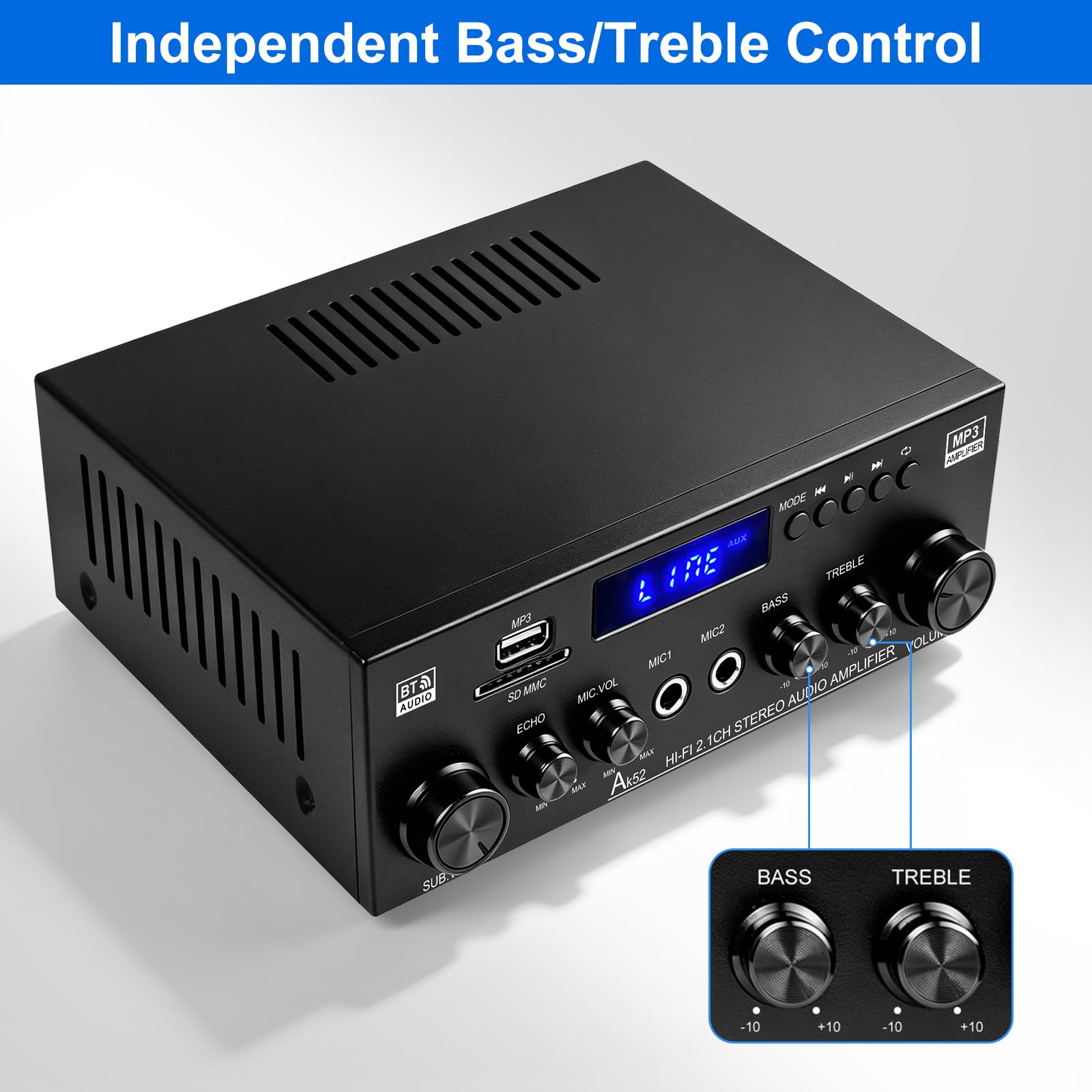 Audio Amplificateur stéréo HiFi 50WX2 Amplificateur Bluetooth 5.3 | écran LCD, alimentation 12 V/220 V - Compatible USB/SD/FM/RCA - Pour la maison, la voiture et le karaoké - Avec tél