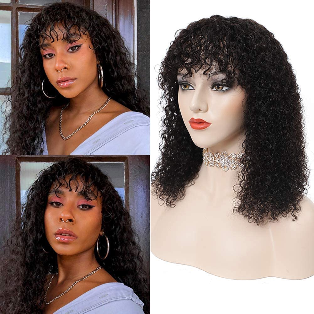 Amella Hair 10A Curly Wave Human Hair Wigs with Bangs Brazilian Virgin Curly None Lace Front Wigs Human Hair Bangs Glueless Half Machine Made Wig Natural Black Color 16 inch