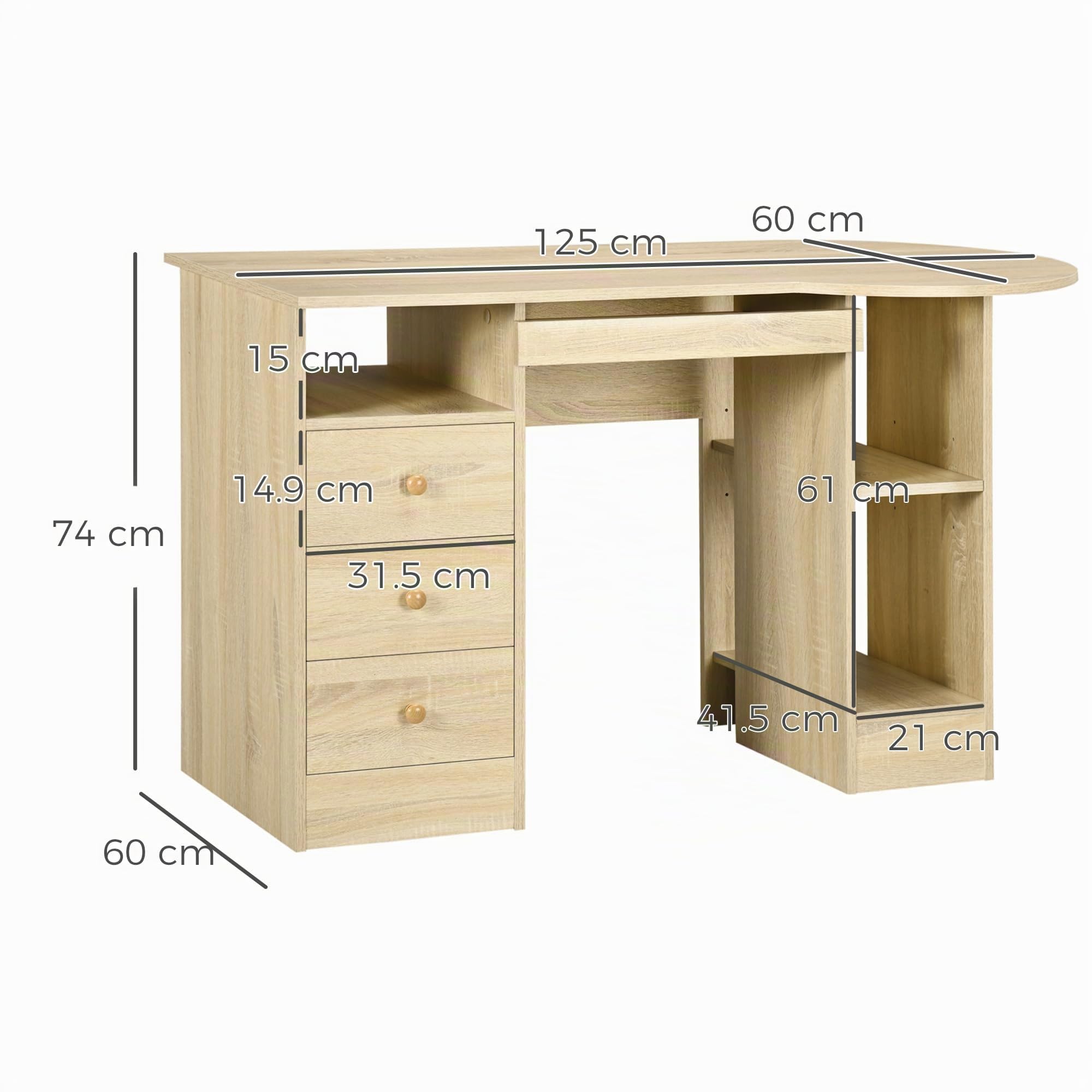 HOMCOM Scrivania PC per Ufficio con Scaffali 125x60x74cm Color Legno | Scrivania per Computer, Ripiano Testiera, 3 Cassetti in Legno