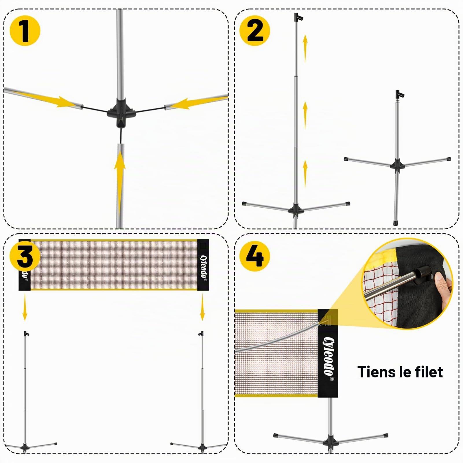 Filet de badminton portable réglable en hauteur - 5 m de long - Filet pliable pour pickleball, volleyball - Filet de sport facile à monter avec barres