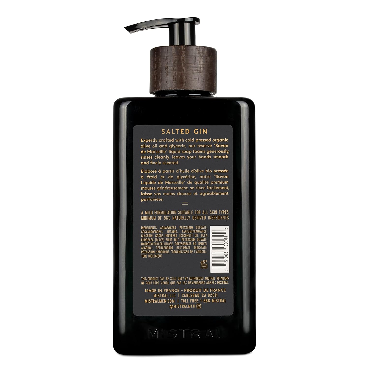 Mistral Salted Gin Liquid Hand Soap for Men | Luxury Moisturizing Handsoap with Organic Olive Oil, Glycerin and Coconut Oil | Rich Lather | Paraben-Free | Made in France – 16.9 Fl Oz