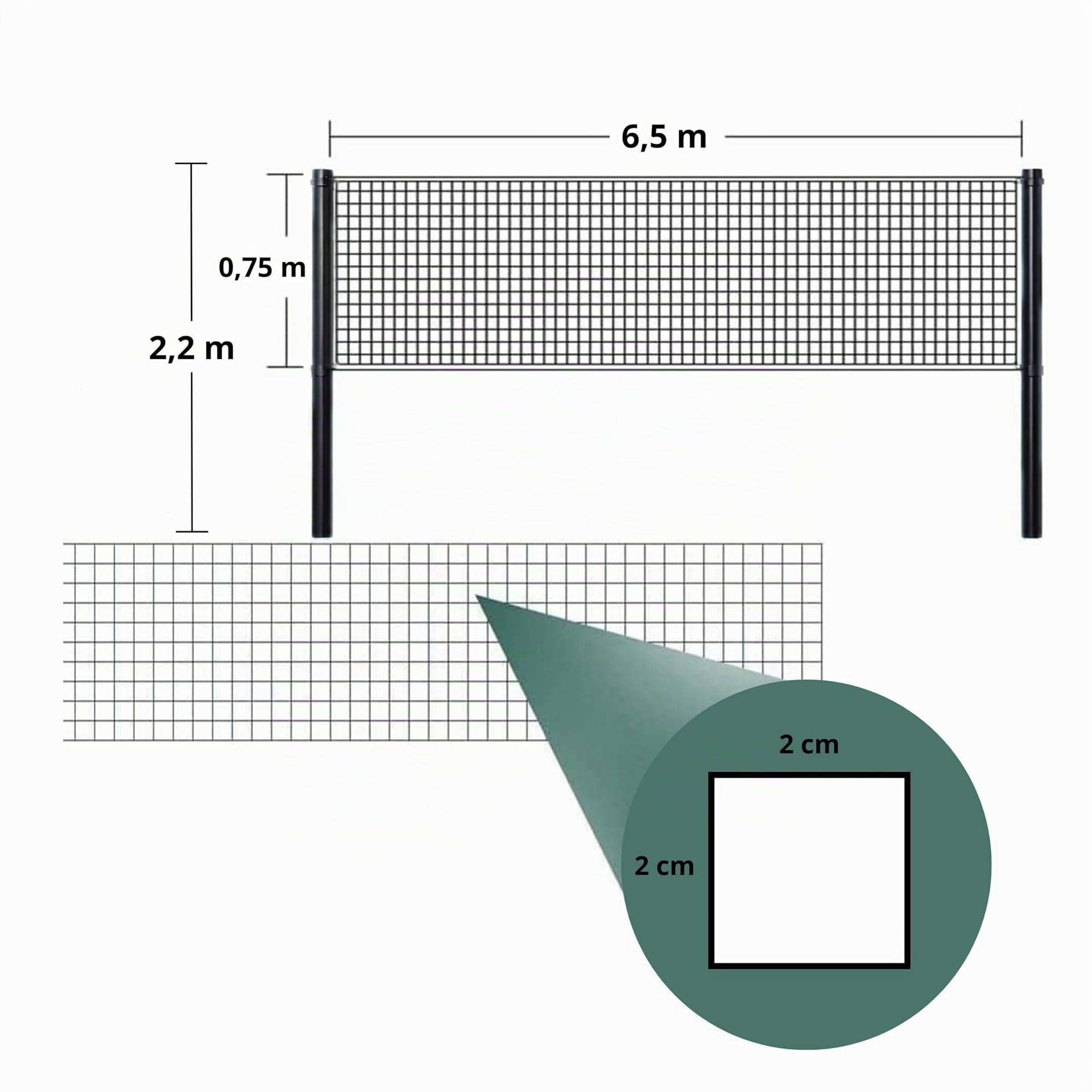 Kit da Rete da Badminton - Tennis - Pallavolo da Spiaggia - 6,5 x 0,75 m - 12 Paletti in Acciaio - Kit di Fissaggio - Nero