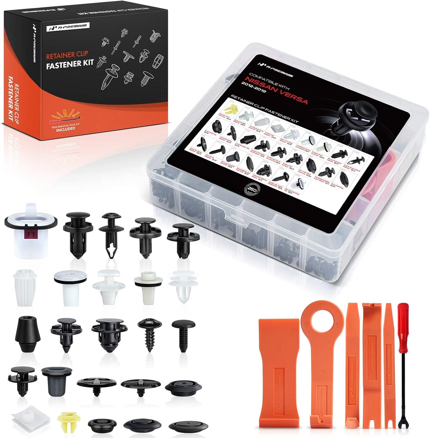 A-Premium 250 PCS 25 Sizes Car Retainer Clip Kit Compatible with Nissan Versa 2012-2019 Bumper Fender Door Hood Insulation Trim Auto Push Pin Plastic Rivet Fastener Replacement Set, w/Removal Tool