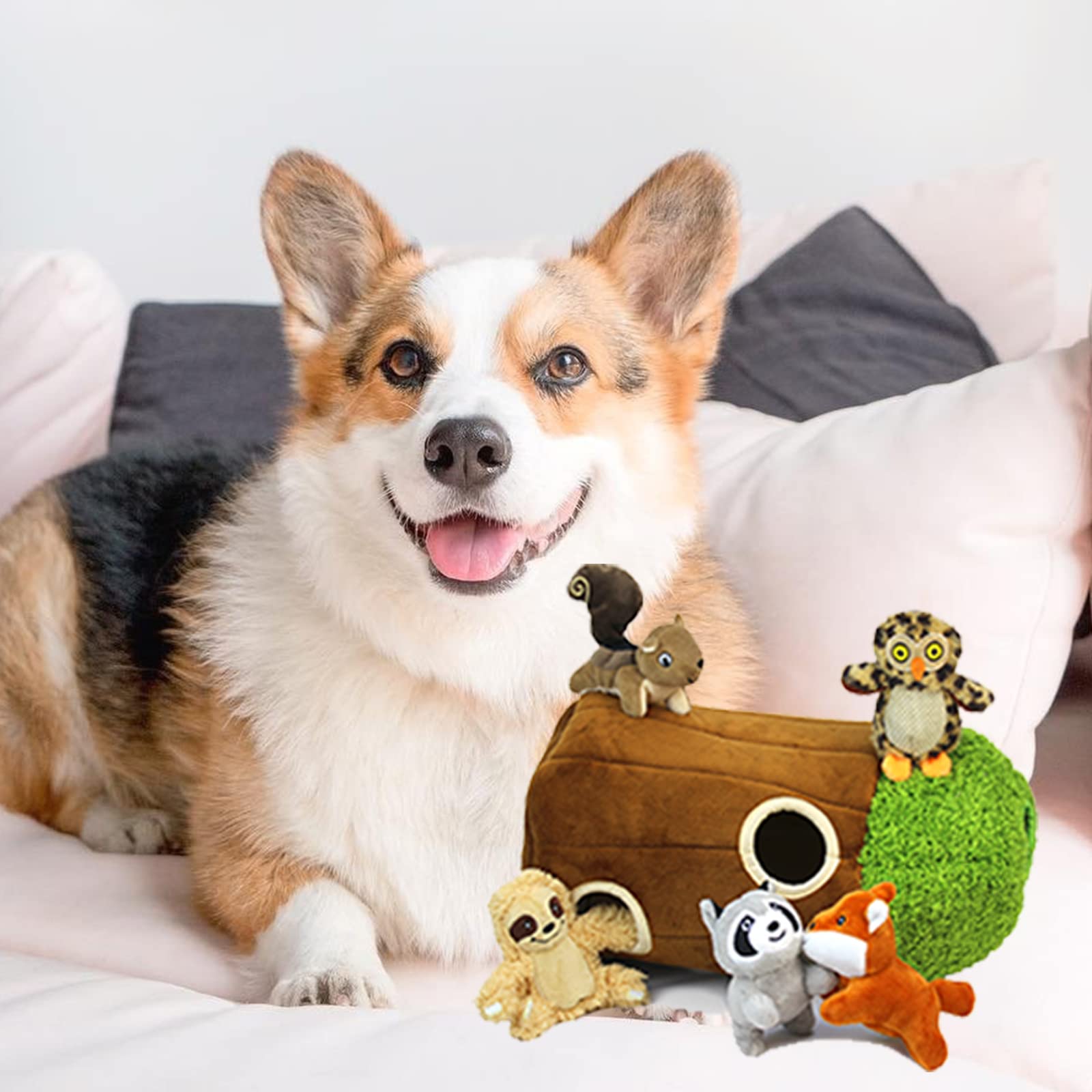 Hide and Seek Dog Puzzle Puppy Toys, Interactive Squeaky Plush Stuffed Toys for Dogs (Sheep, Panda, Forest Animals) (Baum Hole Mix Large)