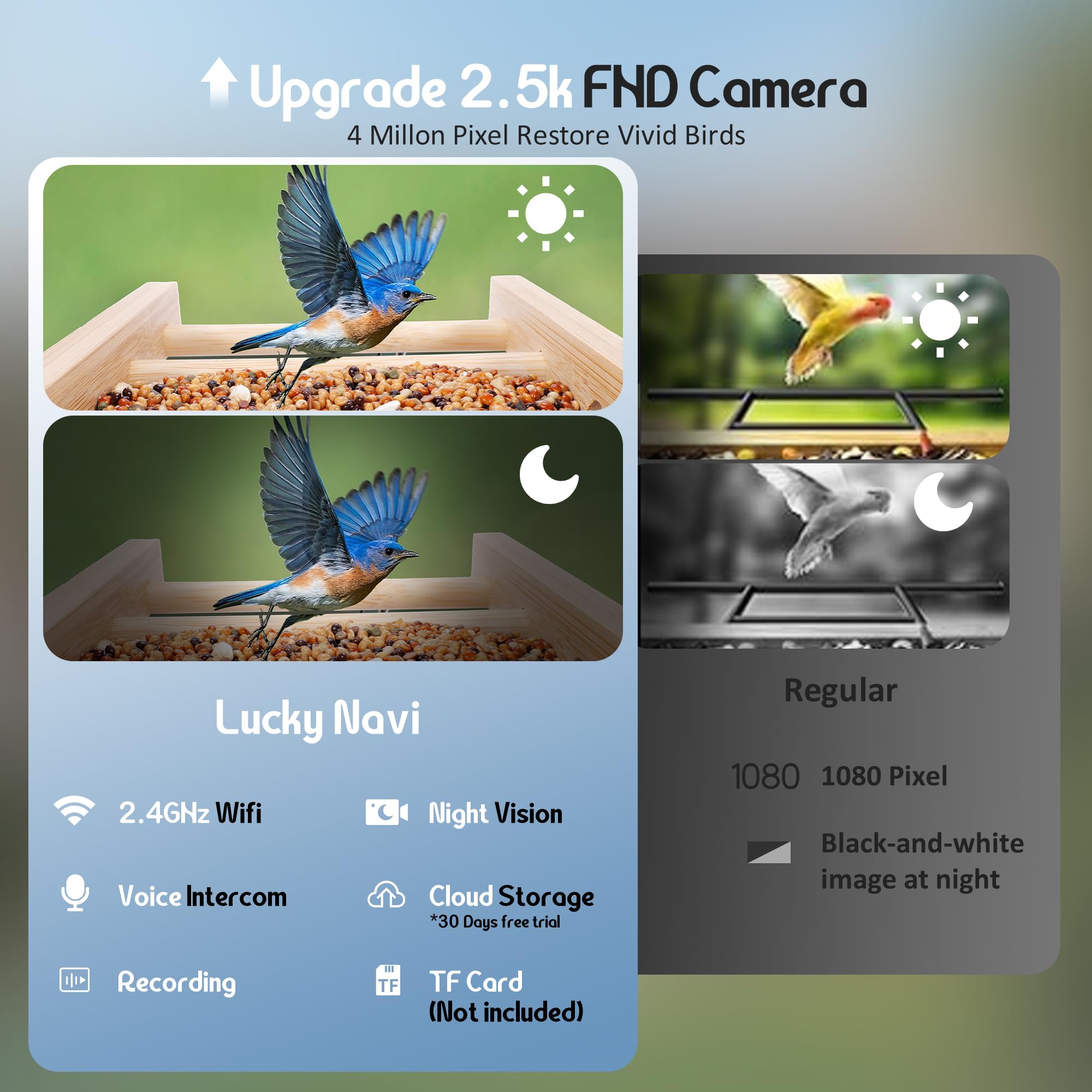 Mangiatoia per uccelli intelligente con fotocamera, mangiatoia per uccelli HD da 2,5 K, identificazione AI, alimentazione solare e a batteria, acquisizione e notifica automatica in tempo, legno di