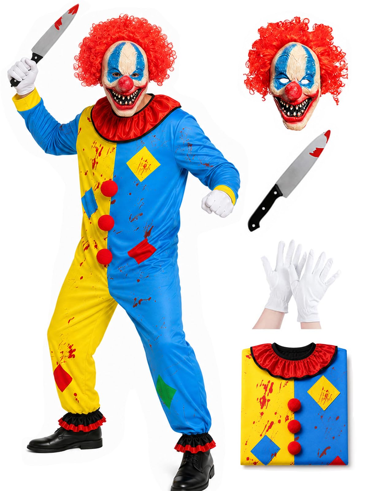 ILLOMEEGOOS 4Pcs Scary Clown Costume Adults with Creepy Killer Clown Maske