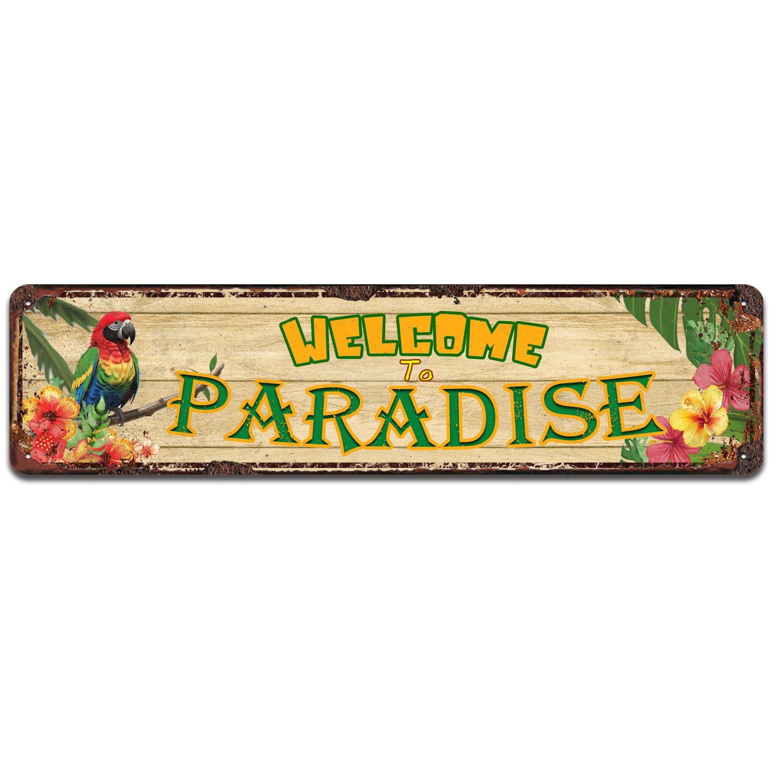 Welcome to Paradise Sign,Decorative Wall Art,Home Party Summer Decor,Hawaiian Parrot Outdoor Decor Metal Tin Sign 4x16 Inch