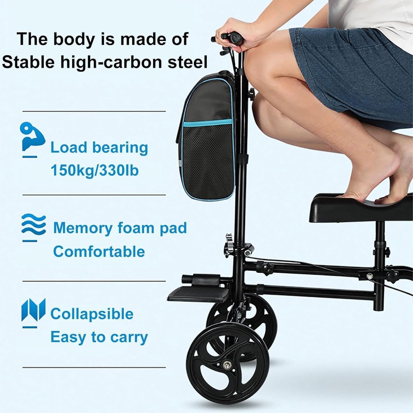 Patinete de rodilla con freno de mano y bolsa de almacenamiento, reposabrazos ajustables y reposapiés para ayuda a la movilidad