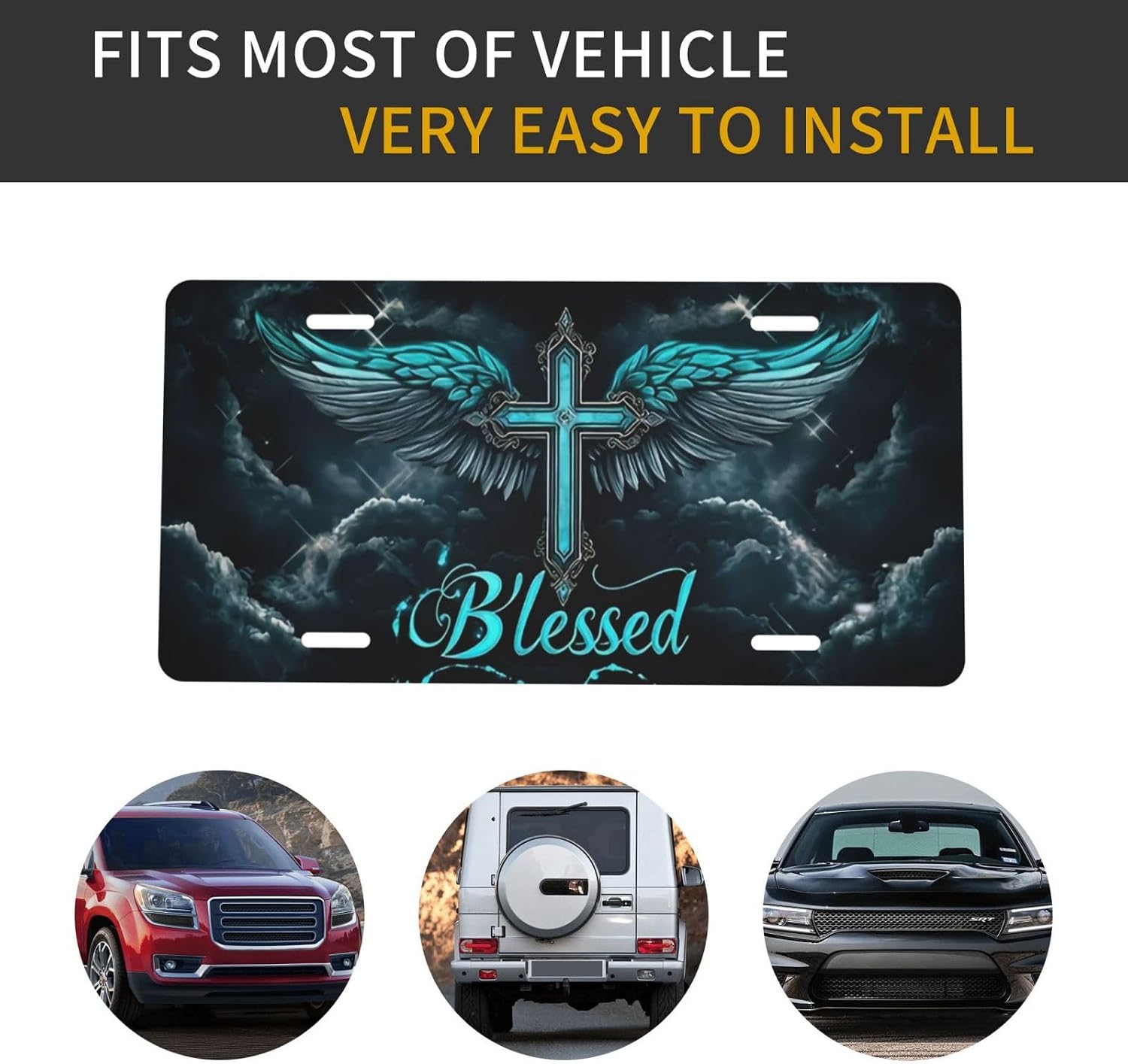 Ornate Cross with Wings and Blessed License Plate Decorative .Metal Car Plate .Vanity Tag .Aluminum Noverlty License Plate Waterproof Colorfast 12×6 Inch