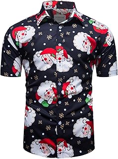 fohemr Men Christmas Hawaiian Floral Shirt Button Down Shirt Santa Claus Funny Printed Short Sleeve Party Holiday Shirt