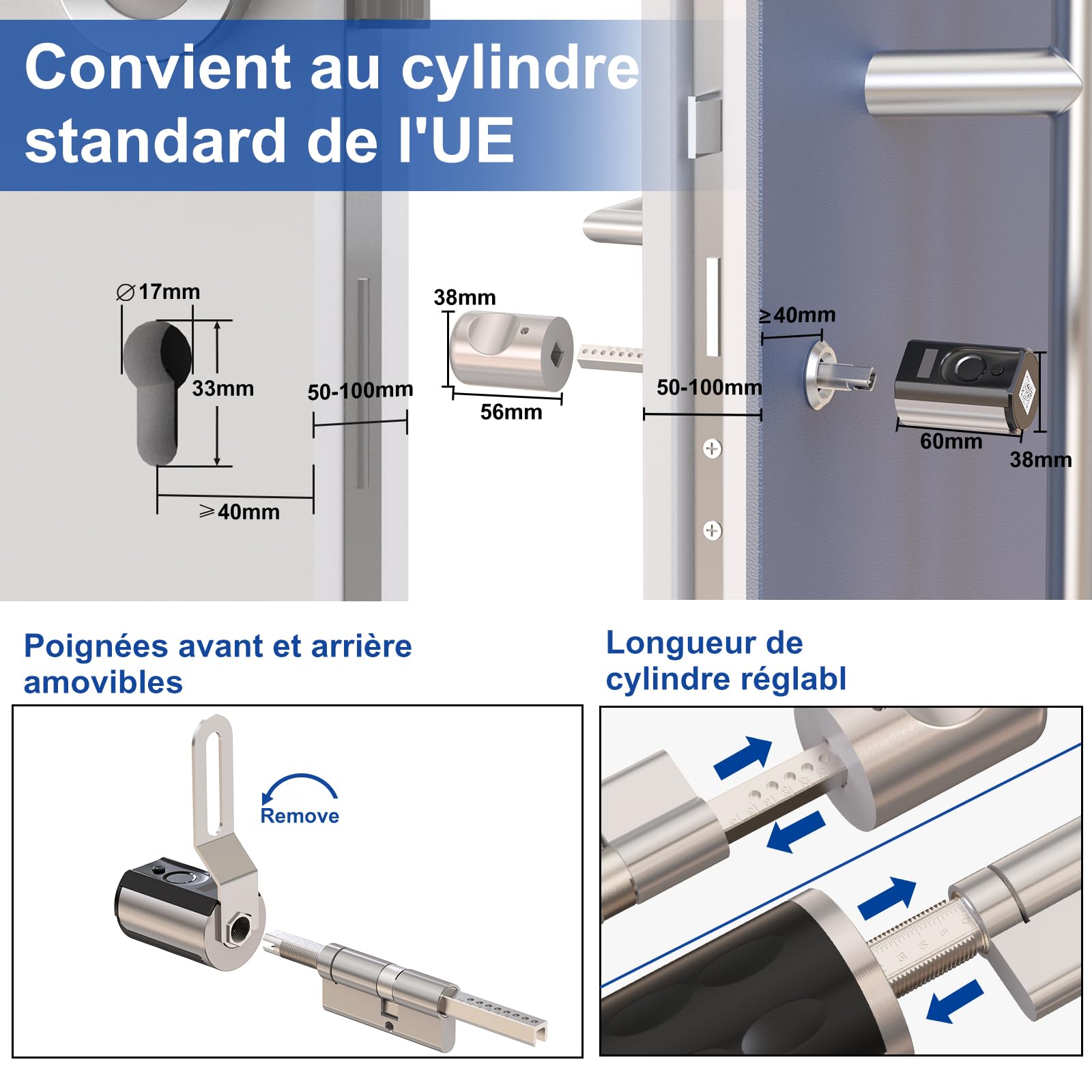 RUILON Touch63 Serrure connectée à empreinte digitale, cylindre biometrique | 40x30 Serrure biometrique porte d'entree avec 3 Cartes RFID, IP65, Intelligente, Portes 30-70 mm, Poignée avant amovible
