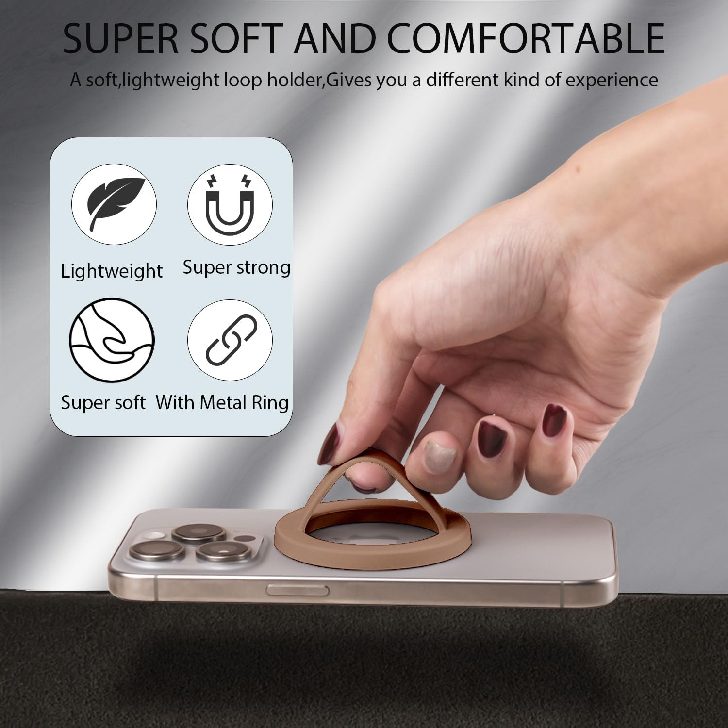 Magnetic Silicone Phone Grip,Comfy Finger Loop Grip Phone Holder,Strong Grip,Comfortable,Easy to Install and Remove,Compatible with Magsafe for iPhone 16/15/14/13/12 Series (Coffee)
