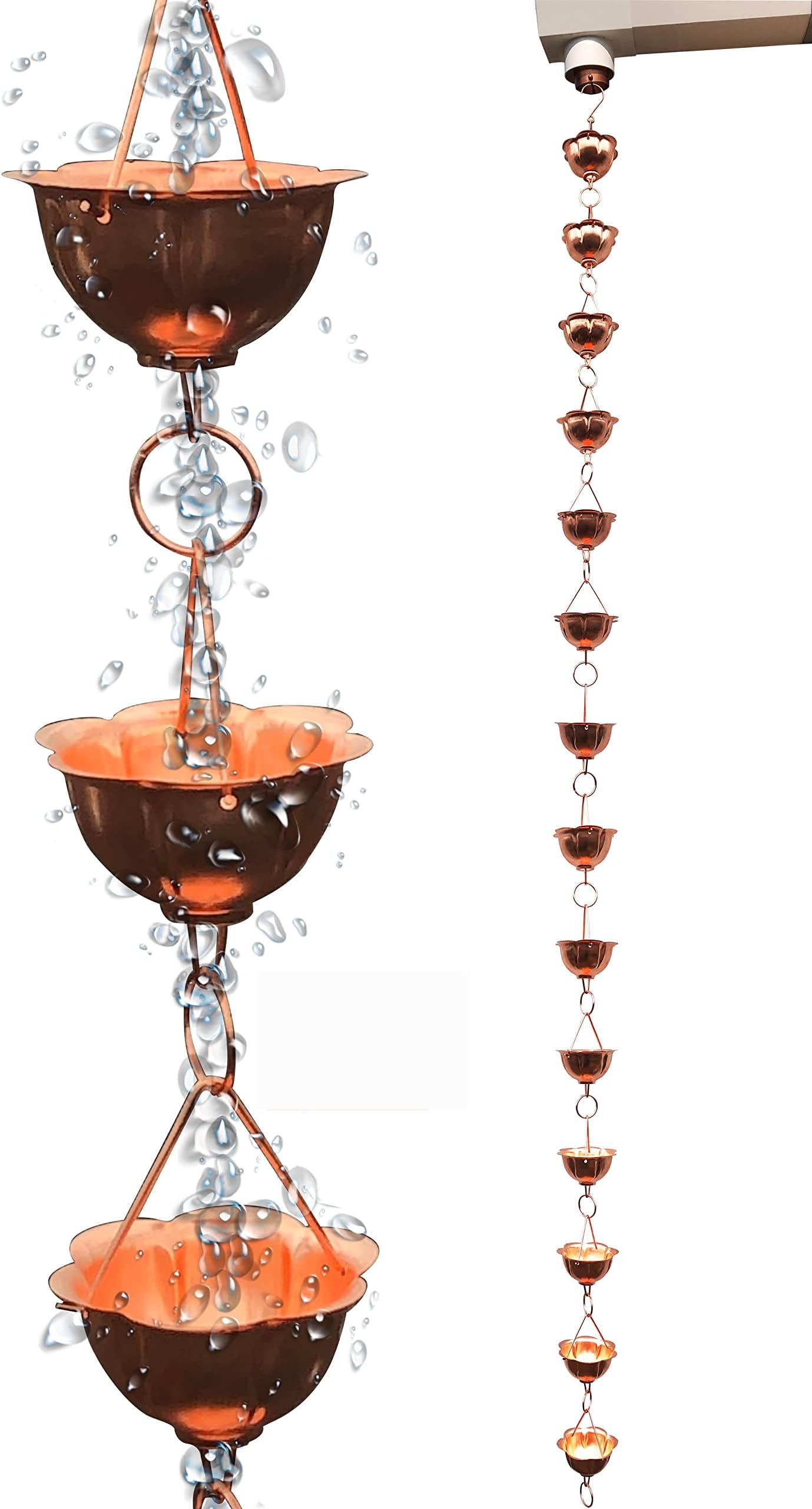 Rain Chains - Pure Copper Lotus Large Cup Rain Chains for Downspouts. 8.5 Feet Length. Free Gutter Adapter. Windchime and Fountains on Rainy Days.