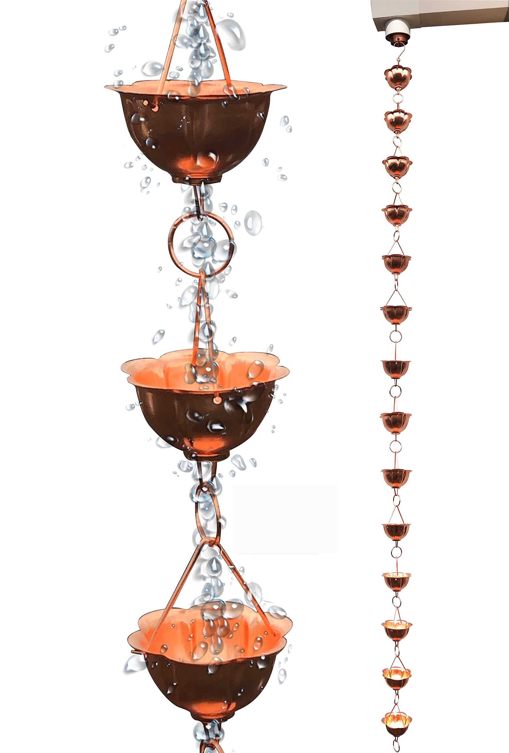 Rain Chains - Pure Copper Lotus Large Cup Rain Chains for Downspouts. 8.5 Feet Length. Free Gutter Adapter. Windchime and Fountains on Rainy Days.