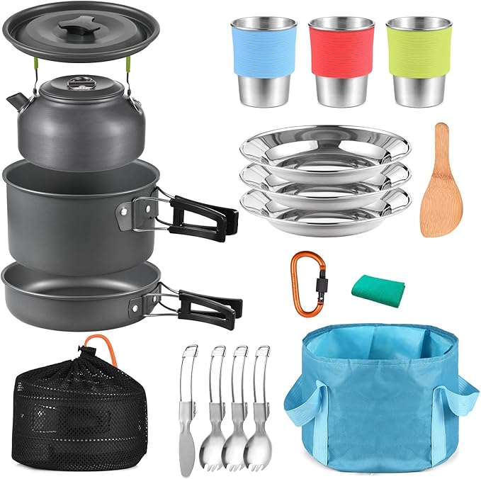Juego cocina camping 22 piezas kit completo para 3 personas olla sartén tetera vajilla aluminio anodizado acero inoxidable