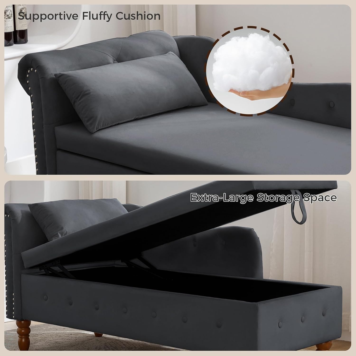 Velvet Chaise Lounge Indoor with Storage, Button Tufted Design Reclining Chair with 1 Pillow and Nailhead Trim,Sleeper Sofa for Bedroom, Living Room or Office (Blcak)