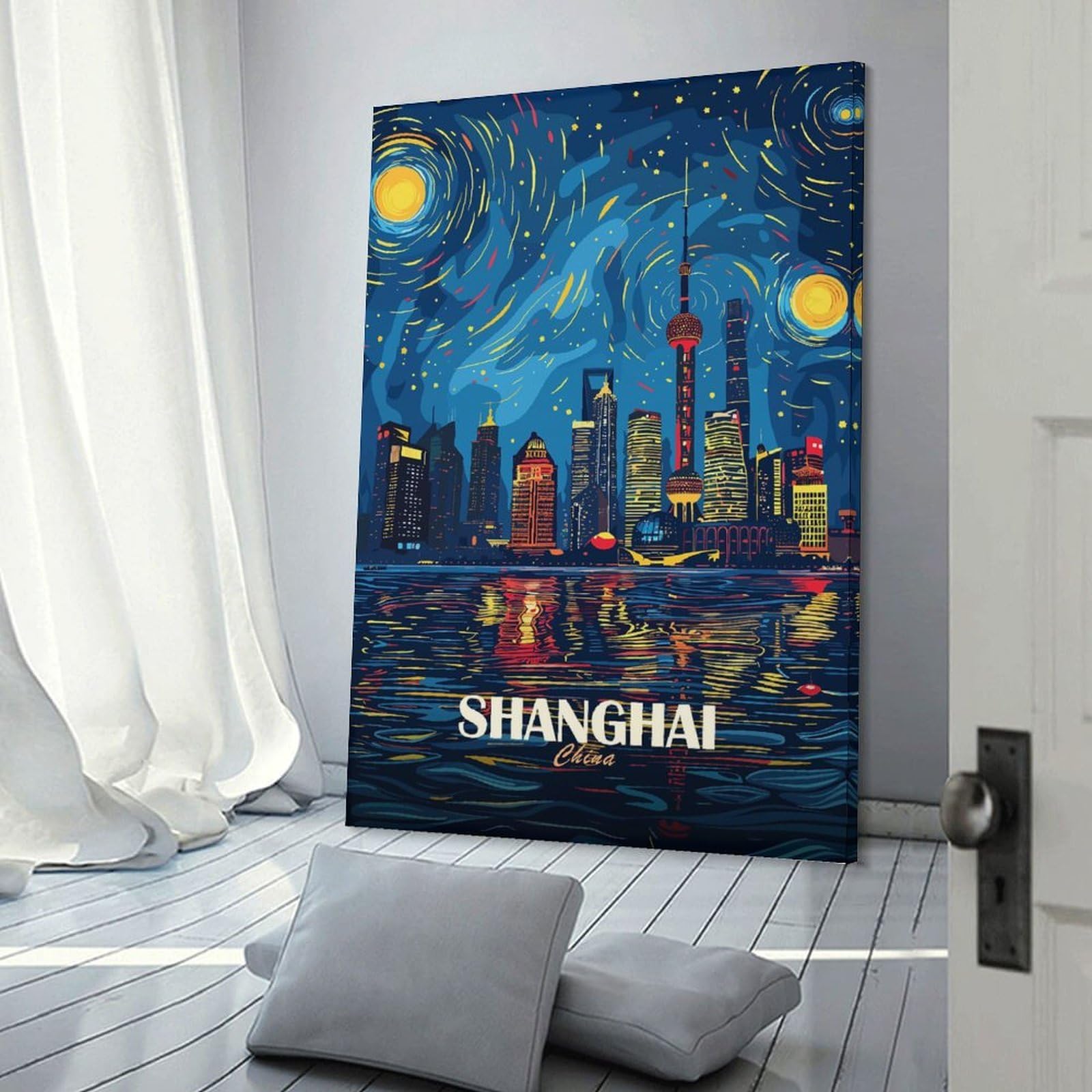 Junmoney Shanghai China Skyline Night Art Wall Art Print 24x36inch(60x90cm), for Hallway, Entryway Or Landing, A Neat Decor Update for Hallways, for Everyday Interiors