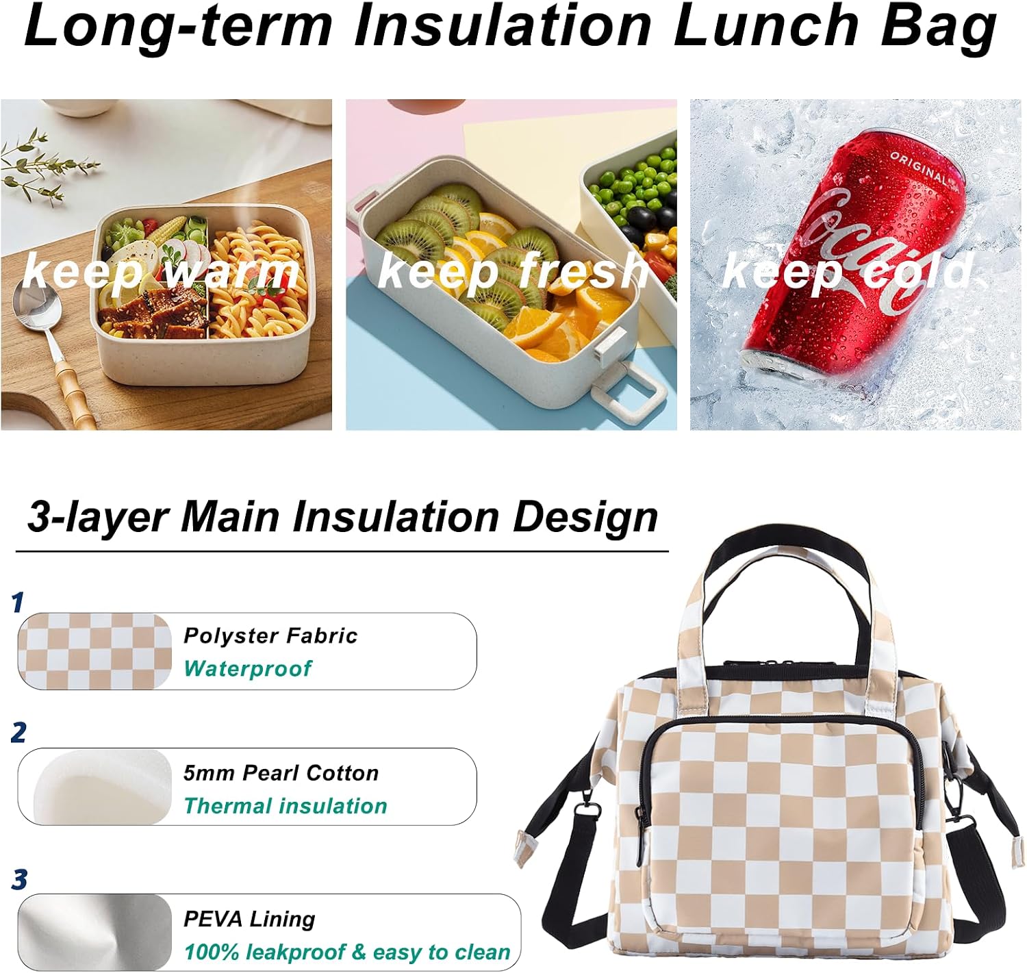 U+U Reusable Lunch Bag for Women Men Leakproof Lunch Tote Bag with Adjustable Strap, Holds Lunch Box, Snacks, Fruits for Work, Picnic or Travel - Insulated, Large Capacity, Waterproof(Khaki Checkered)