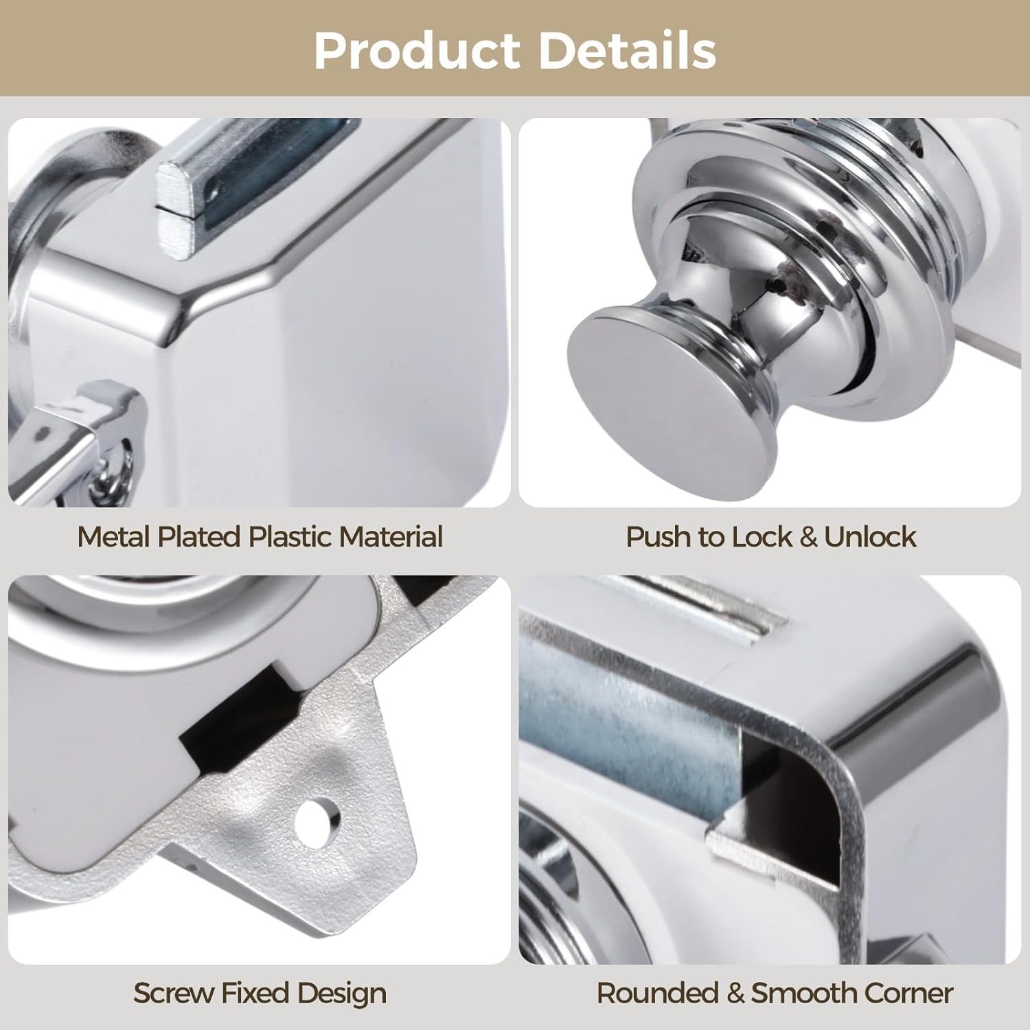Bosreroy 6 Sets Metal Plated Plastic Push Button Latches, Keyless Push Locks for Rv Drawer, Door, Cupboard, Includes Strike Plates & Screws