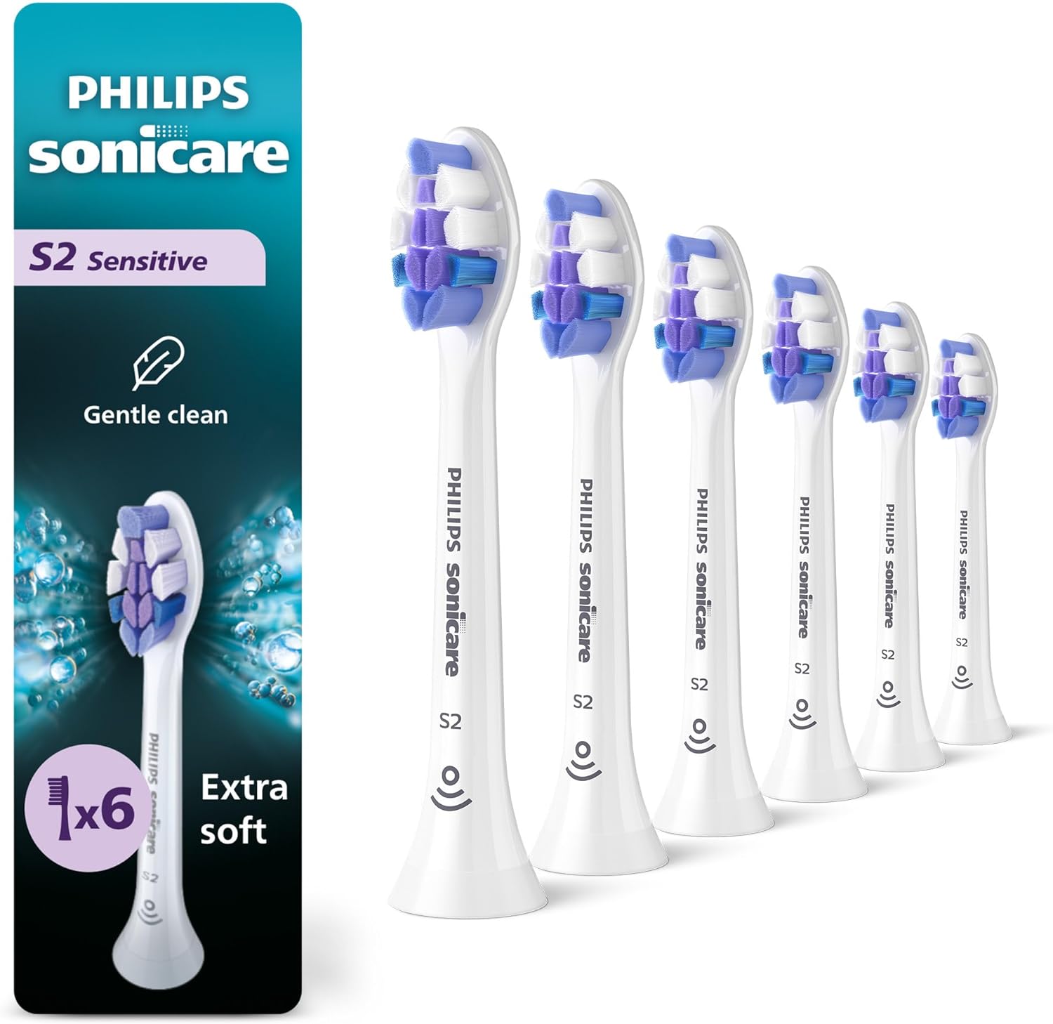 Philips Sonicare S2 Sensitive - Genuine Replacement Electric Toothbrush Heads, White, 6 Pack, HX6056/77