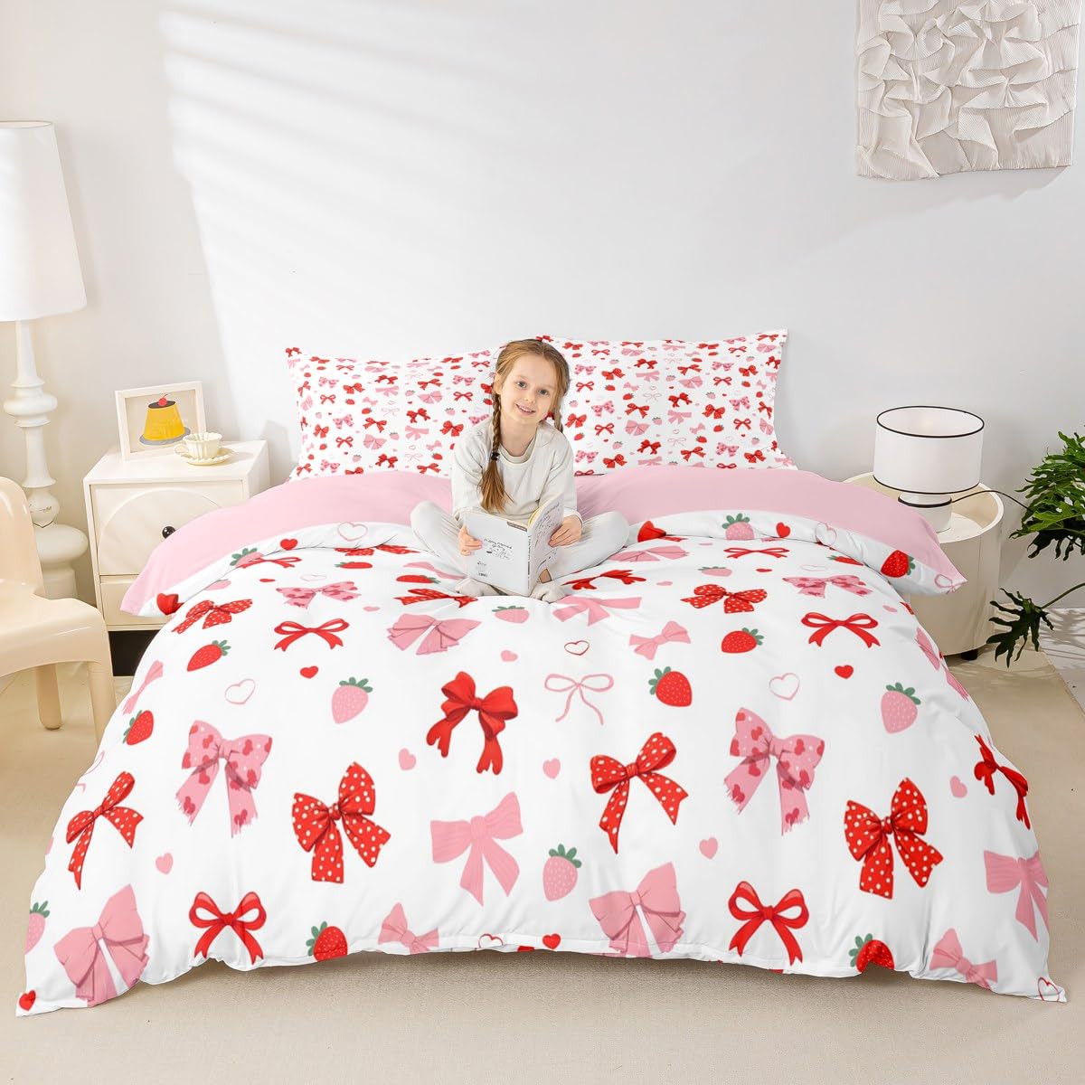 Homemissing Cute Bow Bedding Set Single Size Kids Strawberry Comforter Cover for Boys Girls Teens Red Bowknot Duvet Cover Breathable Soft Lightweight Microfiber Kawaii Room Decor - Image 3