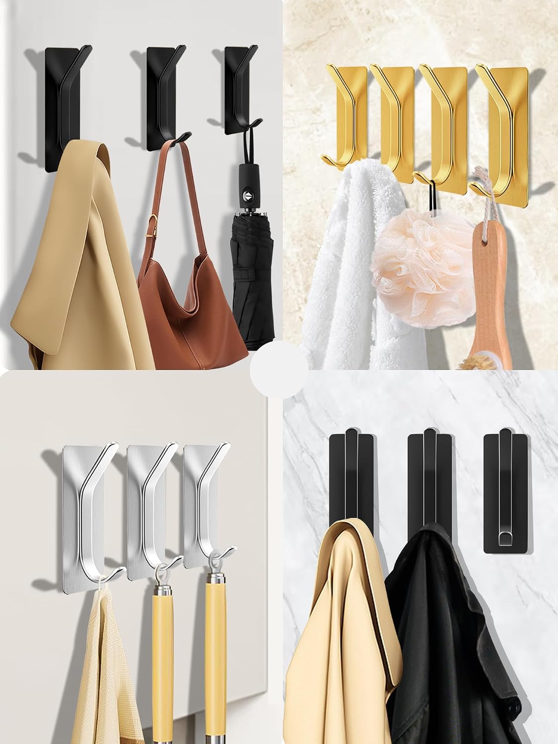 6 Pack Coat Hooks Wall Mounted, Heavy Duty 13 LB Sticky Stainless Command Hook, No Screw Hooks for Towel, Robe, Small Metal Door Hanger for Bathroom, Bedroom, Door Decor (Gold)