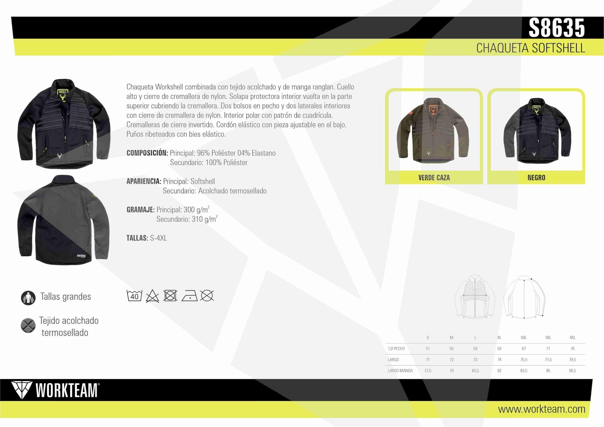 WORKTEAM Chaqueta Softshell de Caza y Outdoor, Tejido Acolchado y Manga Ranglan, Interior Polar, Cortavientos Transpirable, Cremalleras Invertidas y Cordón Ajustable en Bajo Unisex