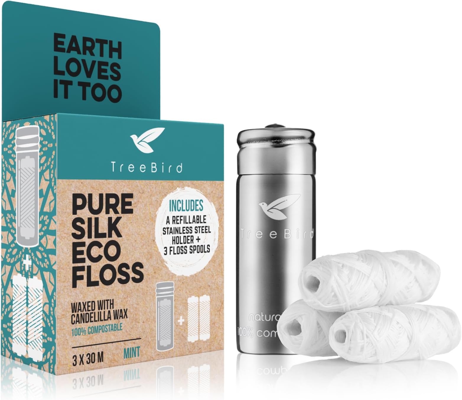 Biodegradable Dental Floss by | Refillable & Reusable Zero Waste Steel Dispenser | 3x33yd Waxed Natural Cruelty Free Peace Silk Spools | 100% Compostable | Eco Friendly Plastic Free Oral Care