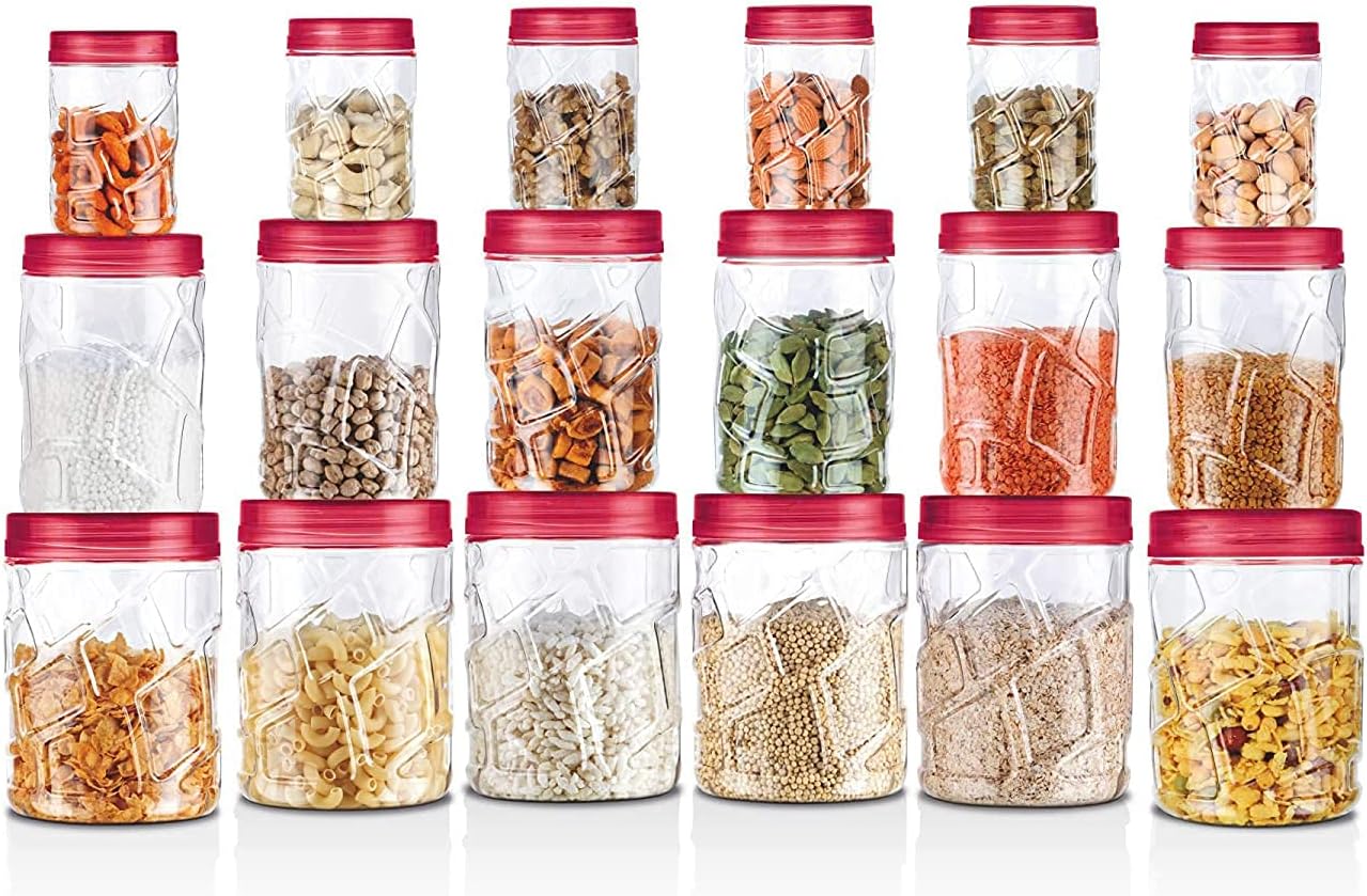 MILTON Vitro PET Canister Set of 18 (6x230ml, 6x600ml, 6x1180ml) Airtight, Food Grade, Transparent, Stackable, For Grains, Pulses, Spices, Cereals, Cookies, Dry Fruits, Fridge Storage Container