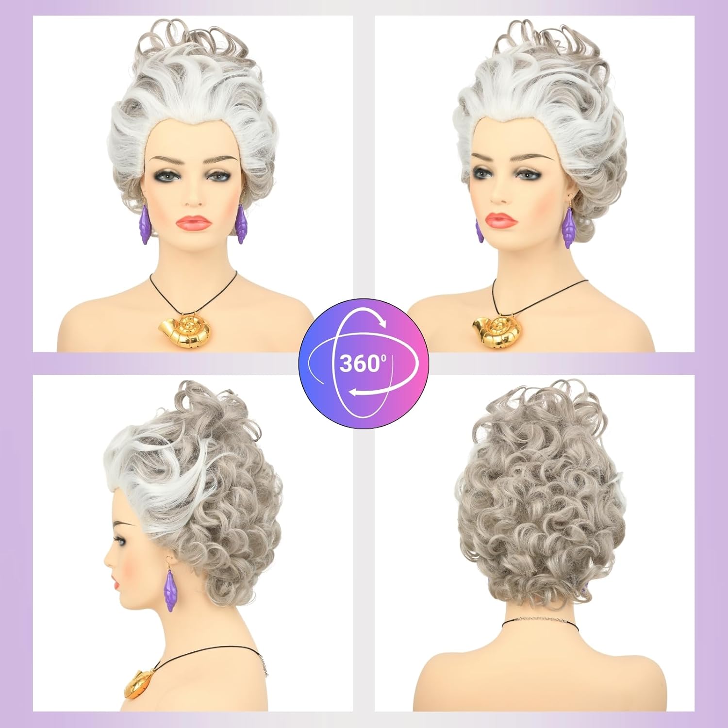 morvally Short Gray White Undersea Witch Costume Wigs with Shell Necklace and Earrings for Women Cosplay Halloween Party (White) - Image 6