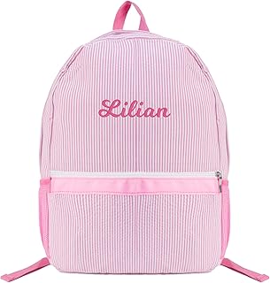 MT WORLD Personalized Toddler Backpack Preschool Backpack Daycare Backpack Child Backpack Preppy Packpacks Kids Bookbags Seersucker Toddler Bookbag(Pink)