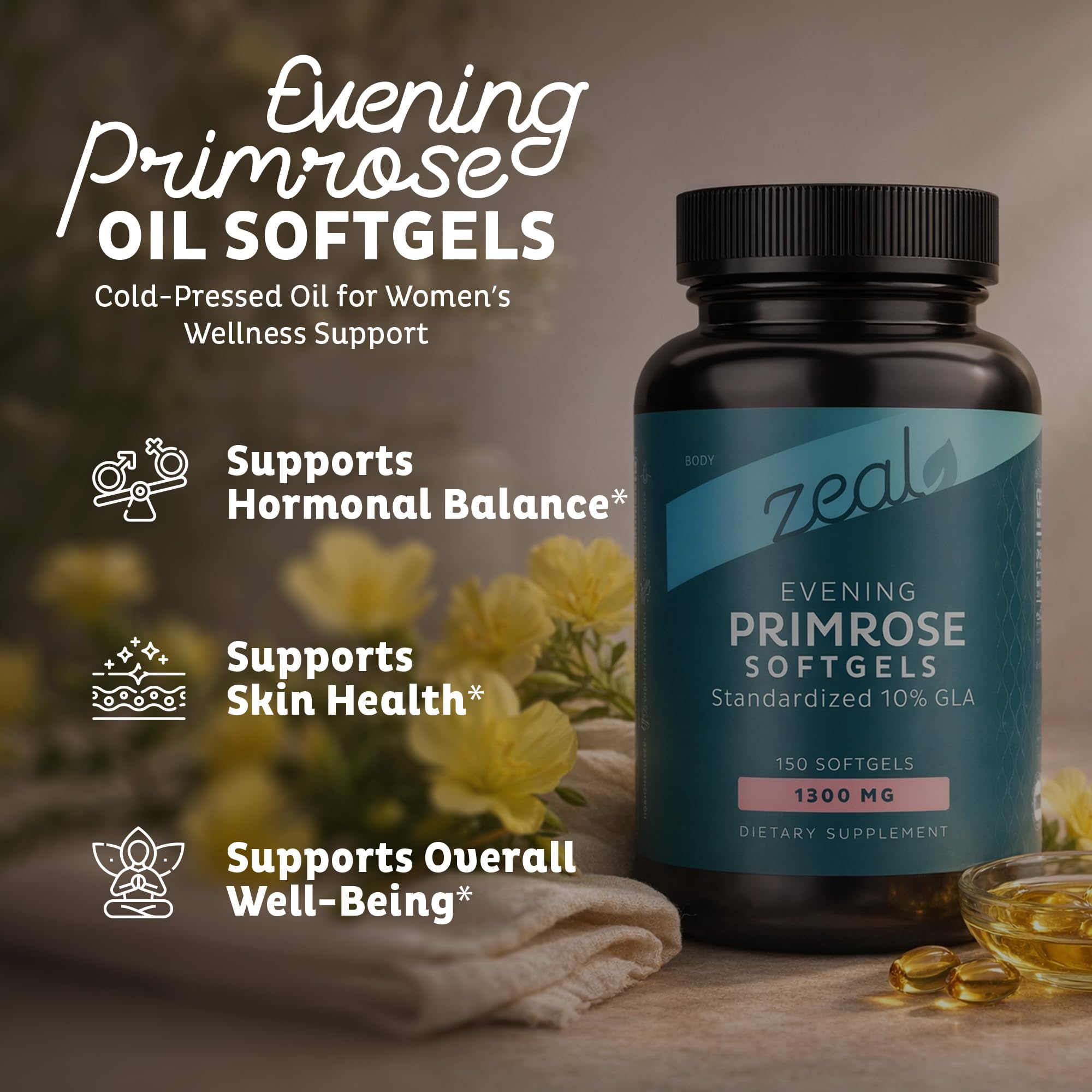 Zeal Evening Primrose Oil Softgels 1300mg for Women - GLA Supplement (Gamma Linolenic Acid 130mg) - Hormone Support, Skin & Hair Health - 150 Softgels — Amazon image 3