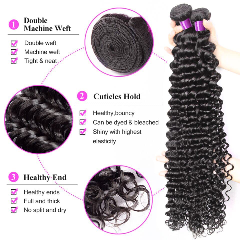 Miniatura 3 de Extensiones de cabello humano de onda profunda, paquetes de cabello rizado profundo, 100% sin procesar, cabello virgen brasileño Remy, extensiones
