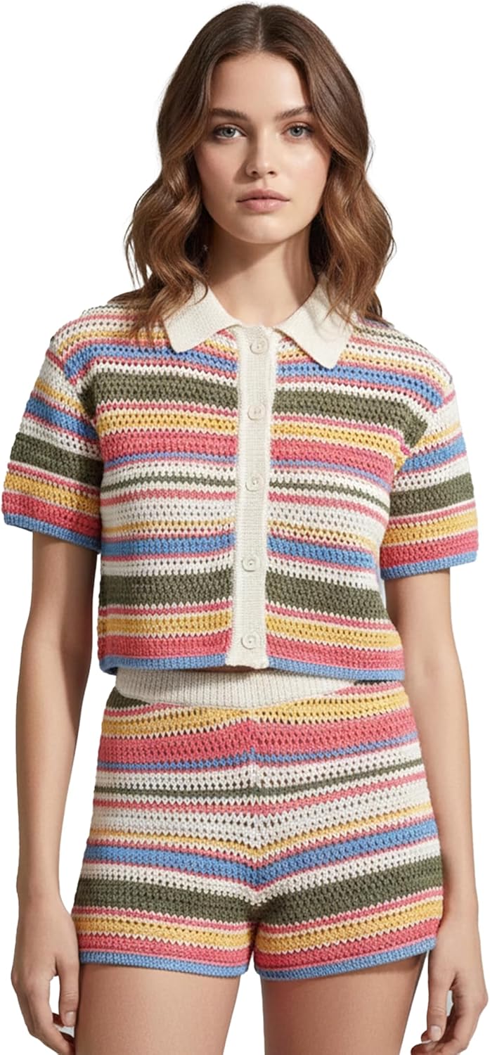 Womens Cropped Short Sleeve Polo Sweater Striped Button Up Collar Knit Tops Crochet T Shirt