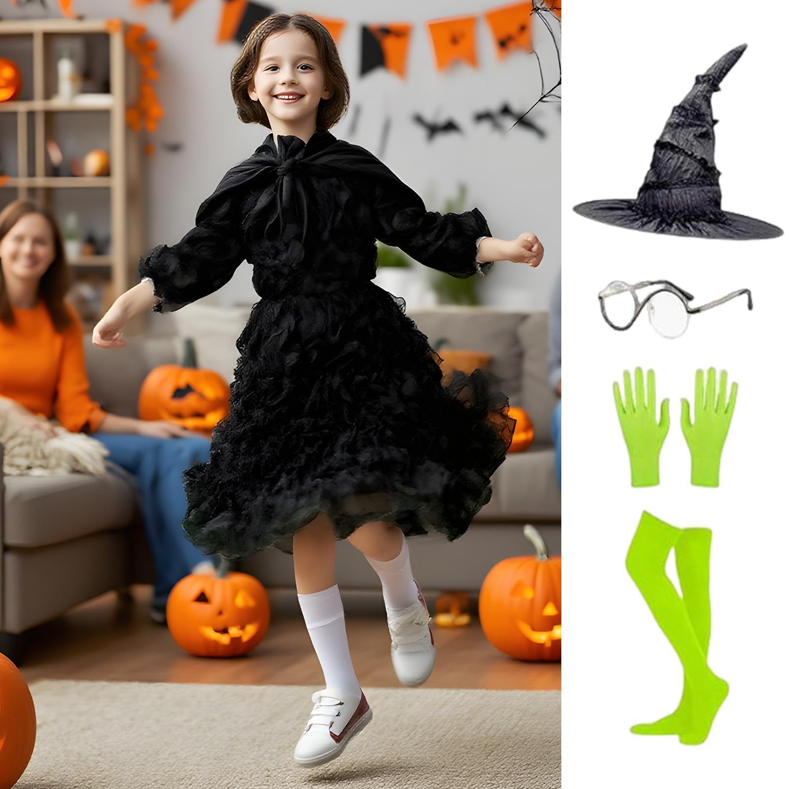 Generisch Kostium czarownicy na Halloween, klasyczny, oddychający strój | Dziewczęcy kostium czarownicy czarny na sztuki teatralne charakter wyzwanie sceniczne impreza córka uczniowie koledzy z klasy